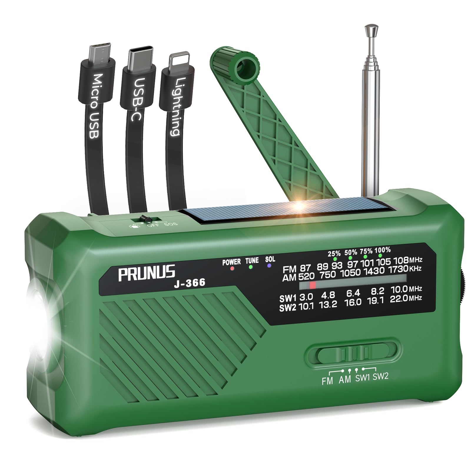 PRUNUS J-366 FM/AM/SW Kurbelradio Notfall Weltempfänger, Radio Batteriebetrieben oder 2000mAh Akku, 3-in-1 Ladekabel, Notfallradio mit Taschenlampe/SOS Alarm/Handyladefunktion für Ourdoor, Blackout.