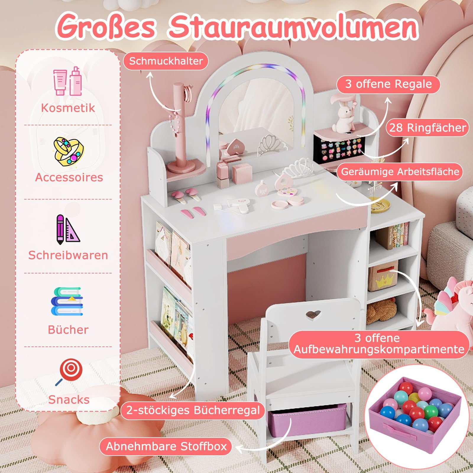 FANTASK 2 in 1 Schminktisch Kinder Set, Schreibtisch Holz mit Buntem Spiegel & Bücherregal, Prinzessin Frisiertisch mit Regalen, Schmuckhalter & Stoffbox, Kosmetiktisch für Mädchen ab 3 Jahren (Weiß)