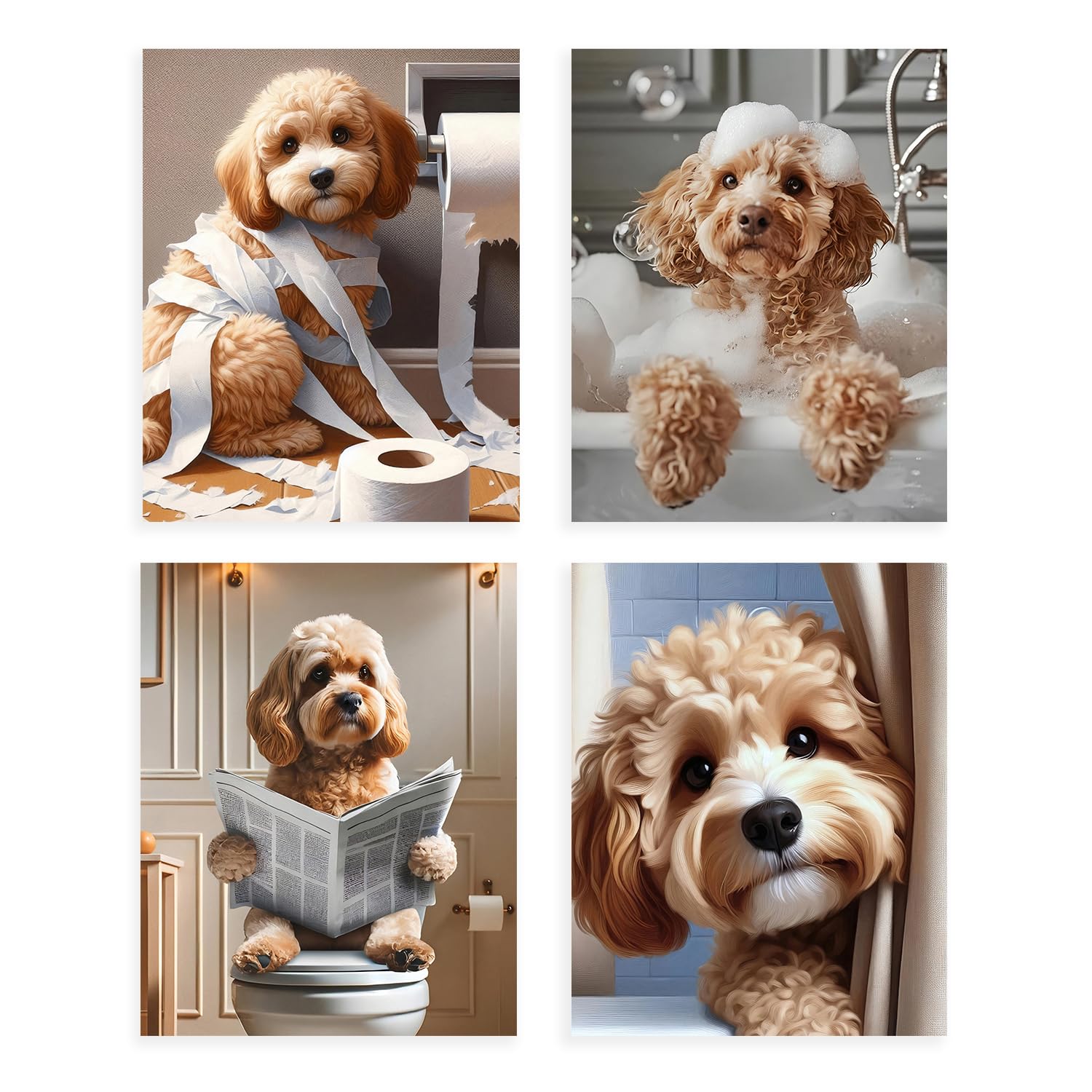 Dazzlewall 4pcs Funny Dog Bathroom Wall Art, Poodle with Toilet Paper Bathtub Dog Picture Print Quirky Animal Poster for Bathroom, 8x10 in Unframed