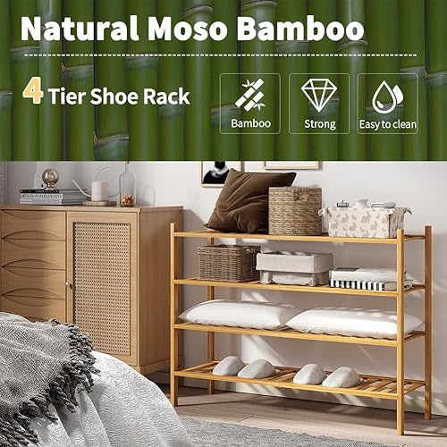Miniatura 6 de Zapatero largo, organizador de almacenamiento apilable de bambú de 4 niveles, soporte de zapatos para armario, entrada y pasillo