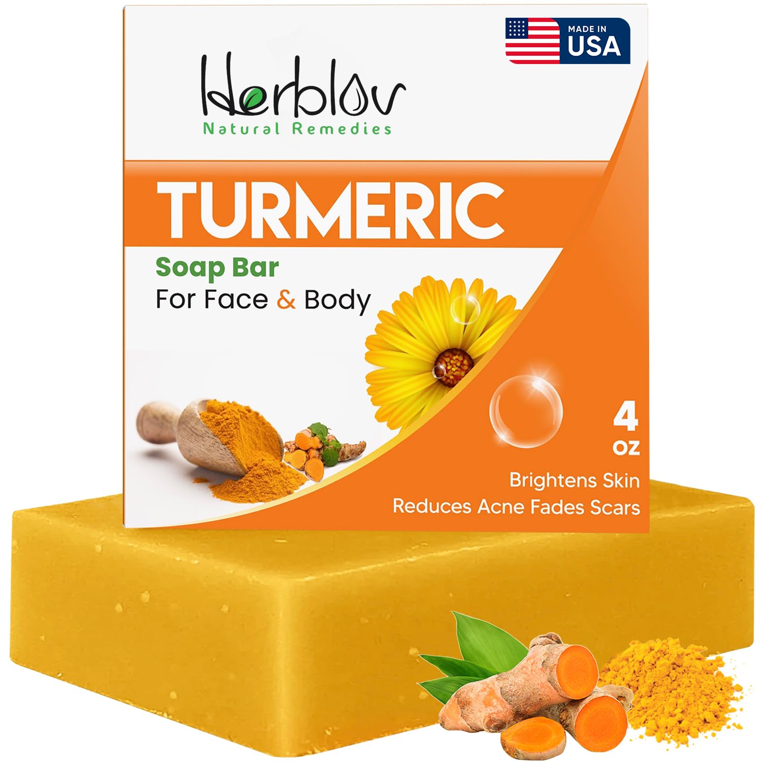 Turmeric Soap Bar for Face & Body – Natural Turmeric Skin Soap Wash for Dark Spots, Intimate Areas, Underarms – Brightening Face Cleanses Skin, Great for Acne, Scars