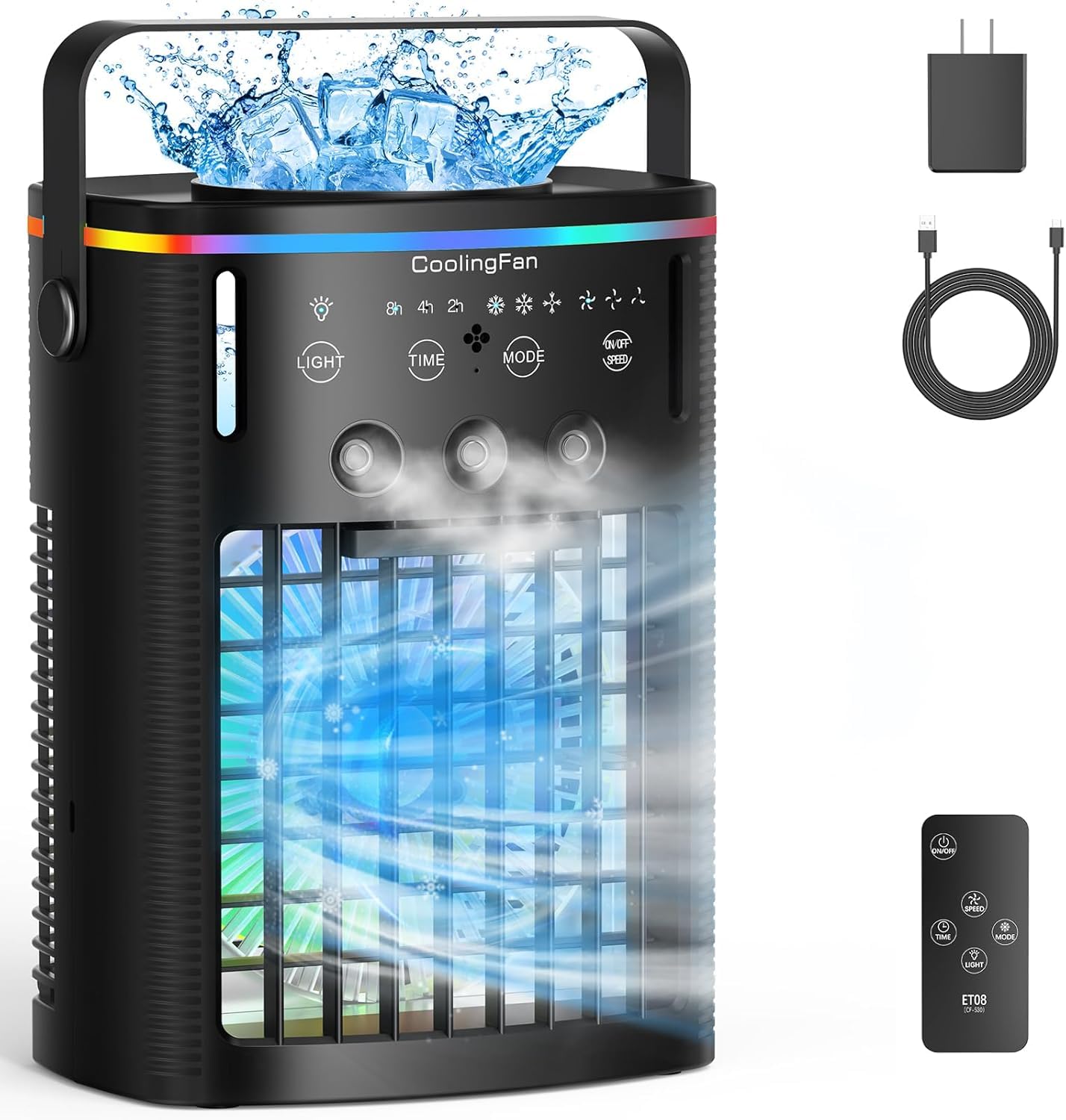 Photo 1 of Portable Air Conditioners, Mini Air Conditioner Portable with Remote, 3 Speeds & 3 Mist, 2-8H Timer & 7 Light Evaporative Air Cooler, Personal Cooling Air Conditioner Fan for Bedroom Office Desk