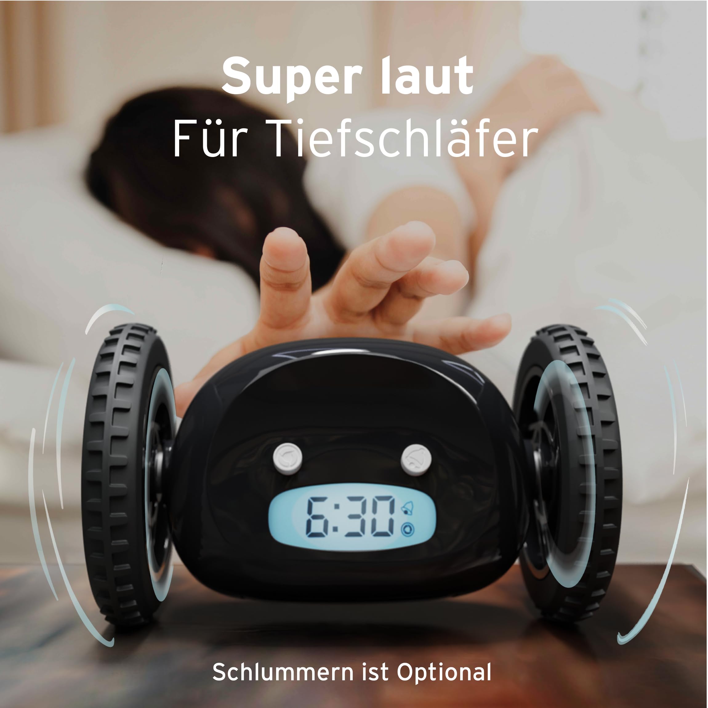 CLOCKY Lauter Digital Wecker Laut für tiefschläfer Erwachsene Jugendliche Lustig für schwerhörige schwere Schläfer auf Rädern Weglaufen Fahrender Springen Wegrollen Lustiges Geschenk (Schwarze Räder)
