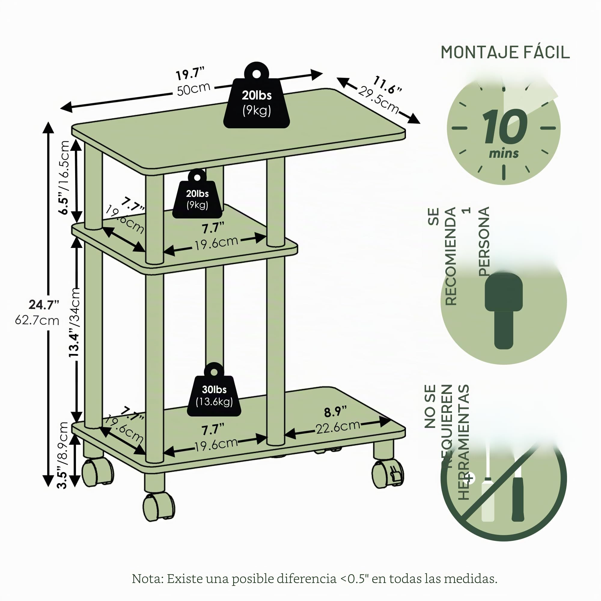 Furinno Turn-N-Tube Mesa Auxiliar de Sofá en Forma de U con Ruedas, Madera de ingeniería, Americano/Acero Inoxidable, 29.5(D) x 50(W) x 62.7(H) cm