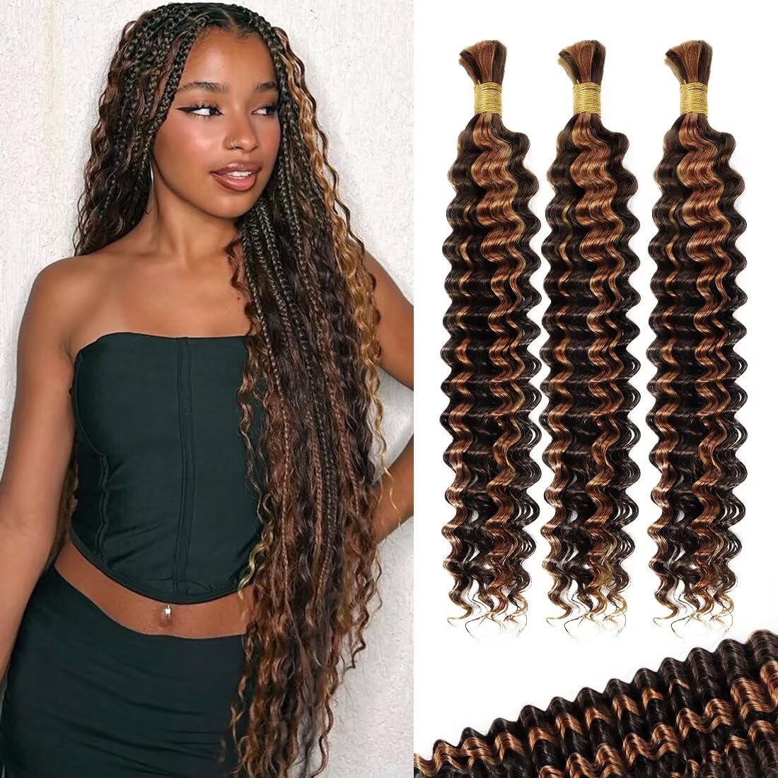 Photo 1 of 100g 3 bundles P4/30 Deep Wave Human Braiding Hair 16 Inch Bulk Human Hair for Braiding No Weft Human Braiding Hair for Boho Braids Wet and Wavy 100% Brazilian Virgin Curly Hair