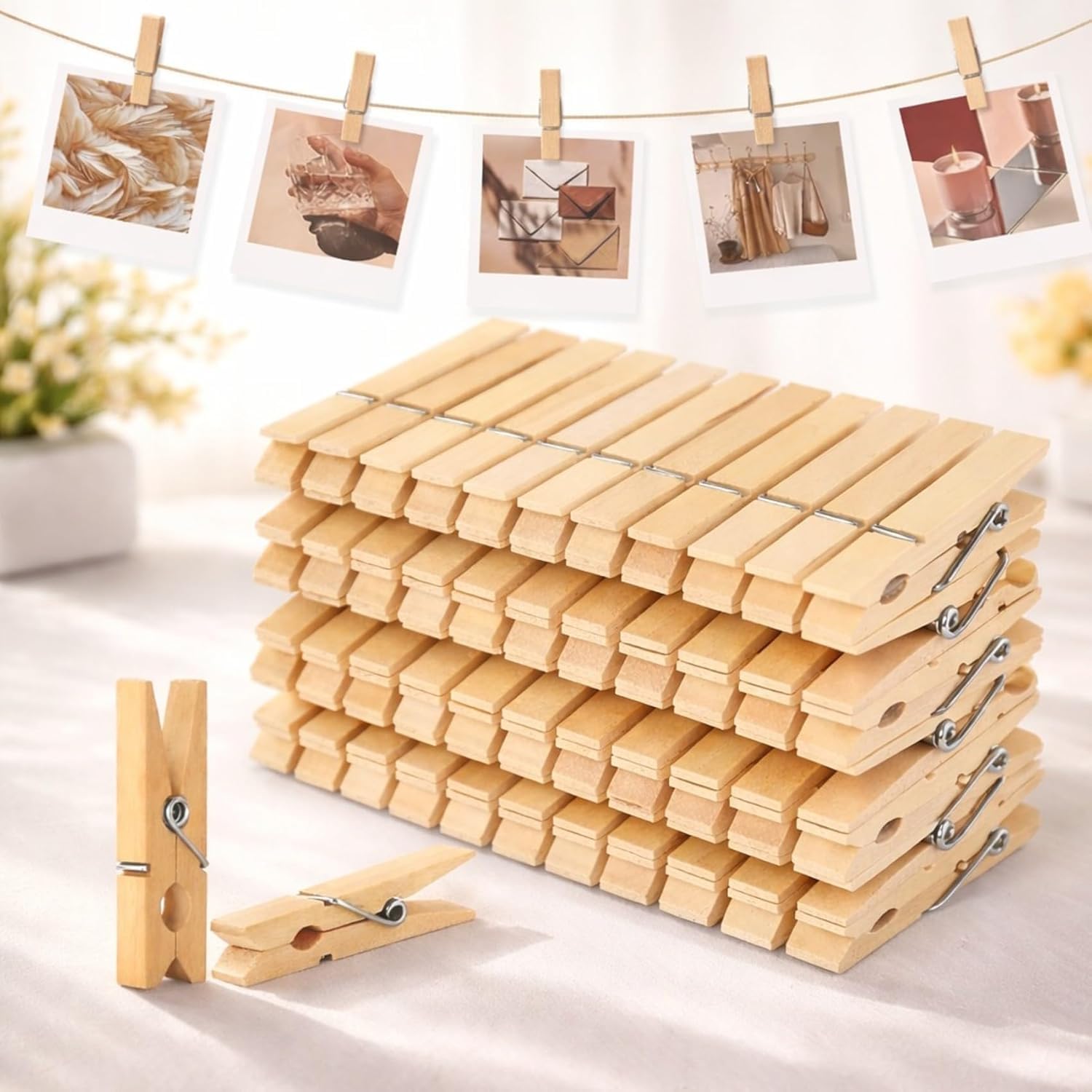 60 Pcs Bamboo Cloth Clips for Drying Clothes | Heavy Duty Wooden Pegs Strong Grip Cloth Pins for Laundry Rope/Rod Chimti | Multipurpose Clip for Home Kitchen Art Craft & DIY Projects-image-10