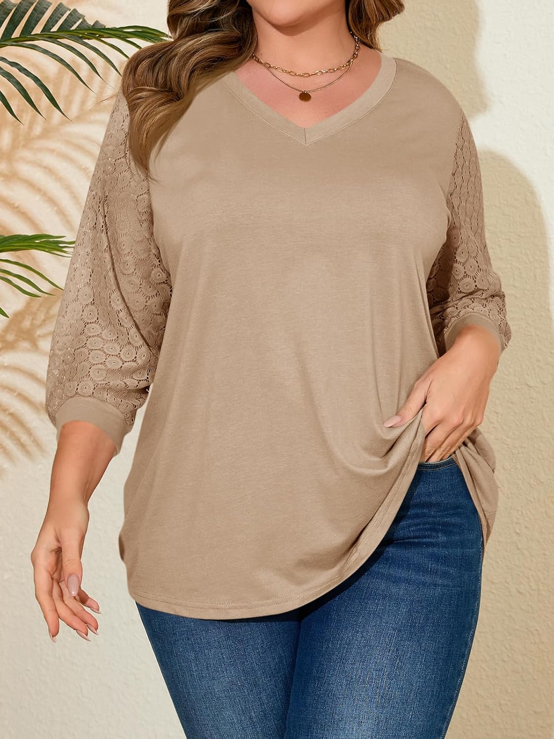 Beautife Womens Plus Size Tops Lace 3/4 Sleeve V Neck Tunic Shirts Casual Loose Fit Curvy Blouse - Image 5