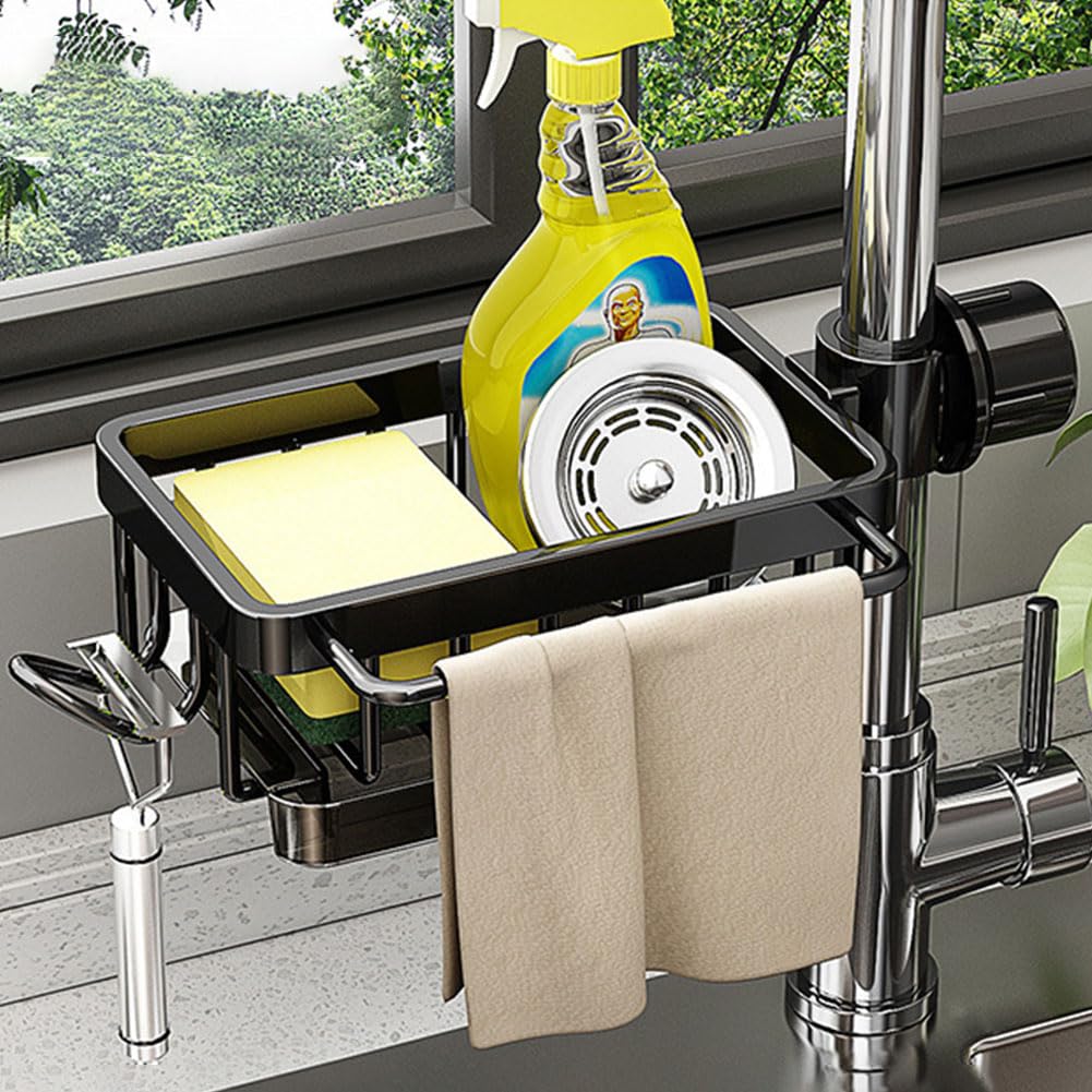 Fiorky Kitchen Sink Caddy Organizer, Sponge Holder for Kitchen Sink Detachable Over Faucet Sink Caddy Organizer Aluminum Multifunction Organizer Rack for Kitchen Bathroom Countertop
