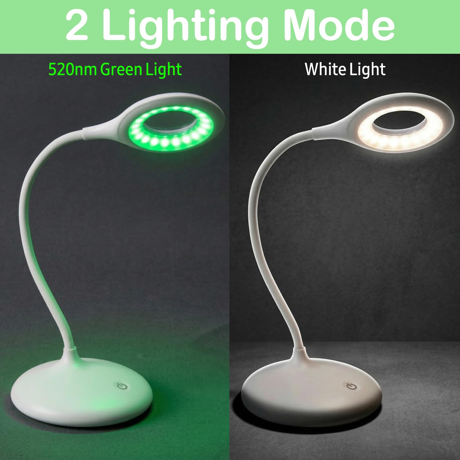 Lampada da lettura a luce verde, 520 nm, lampada terapeutica verde per mal di testa, emicrania, ansia e sonno, senza sfarfallio, ricaricabile USB-C, luminosità regolabile