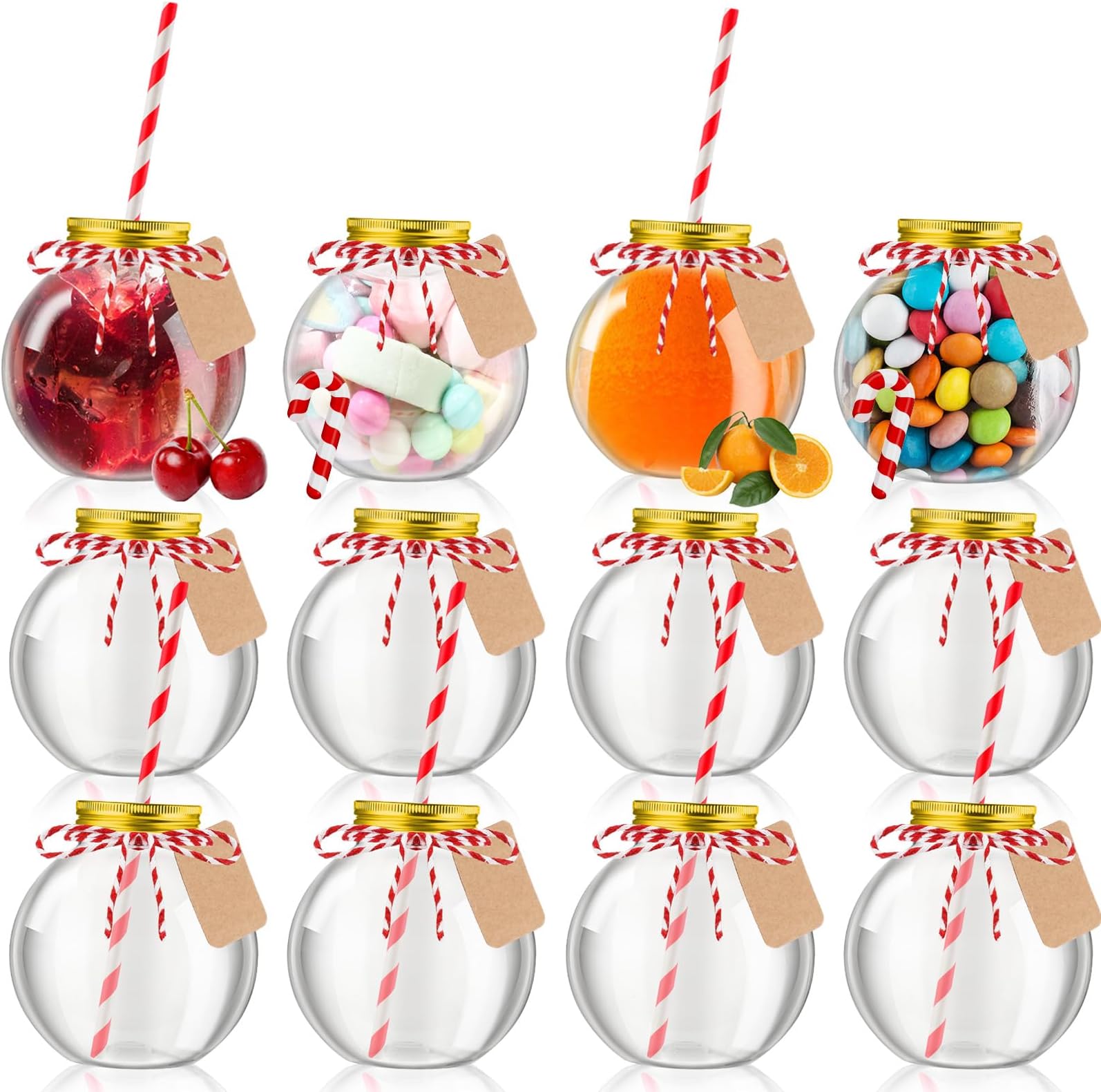 Yaomiao12 Pcs 16 oz Plastic Patron Bottles Empty for Drinks with Aluminum Lids and Paper Straws Clear Spherical Bulb Ornaments Cups for Candy, Centerpieces, Carnival Party Gift Crafts Decorations