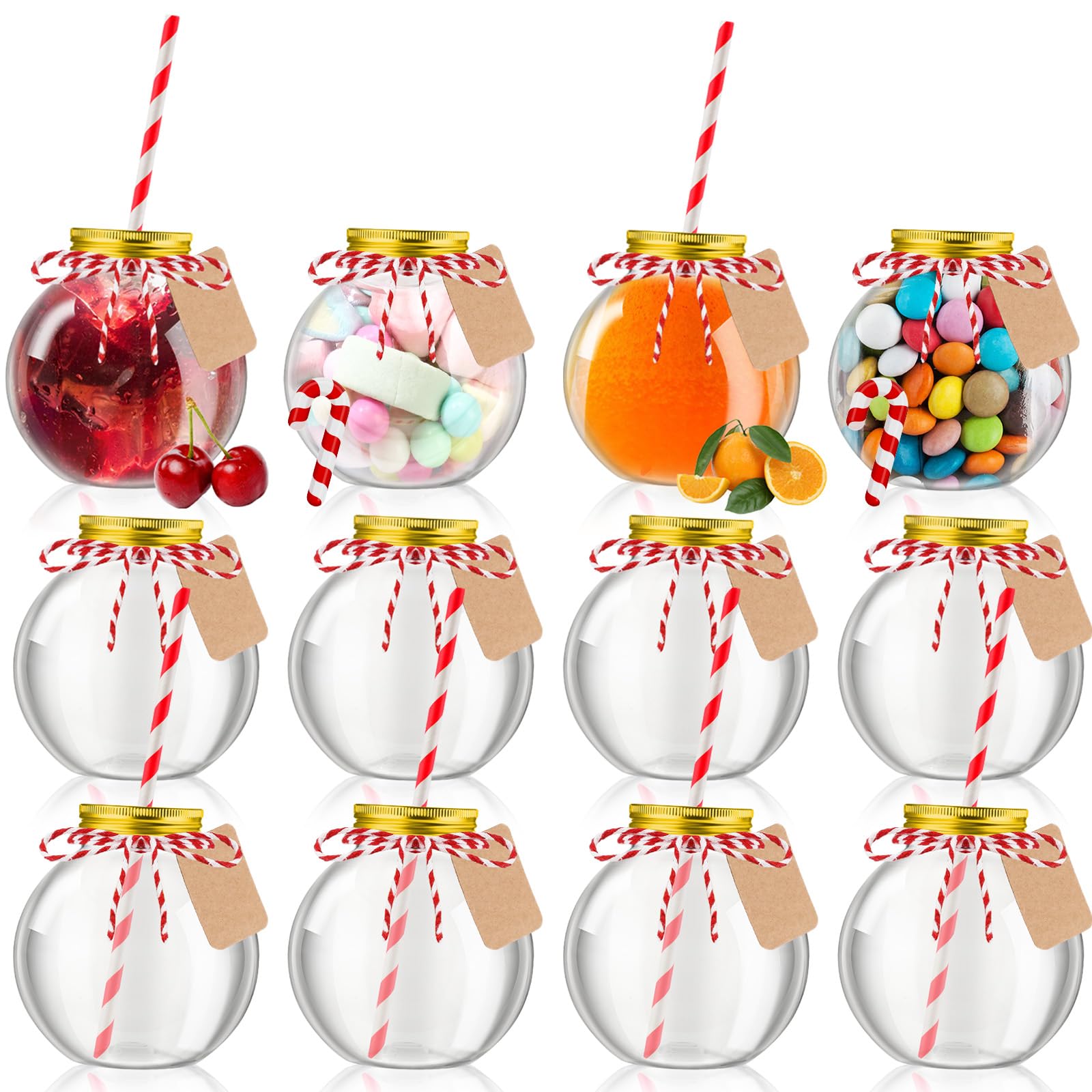 Yaomiao12 Pcs 16 oz Plastic Patron Bottles Empty for Drinks with Aluminum Lids and Paper Straws Clear Spherical Bulb Ornaments Cups for Candy, Centerpieces, Carnival Party Gift Crafts Decorations
