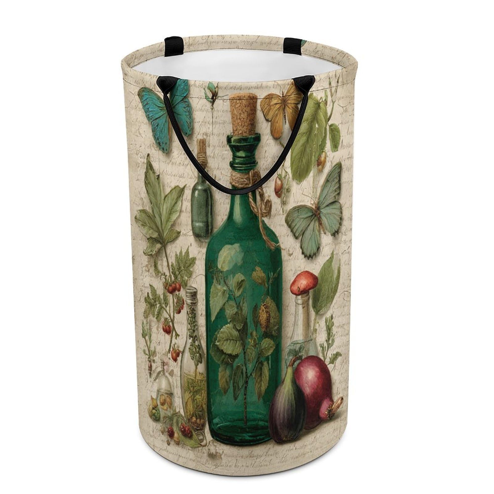 LUYYSKY Classic Antique Green Bottle Versatile Storage Laundry Basket, Realistic Watercolor Botanical Mushroom Flowers Animal Butterfly Large Capacity Bathroom Hamper With Handle