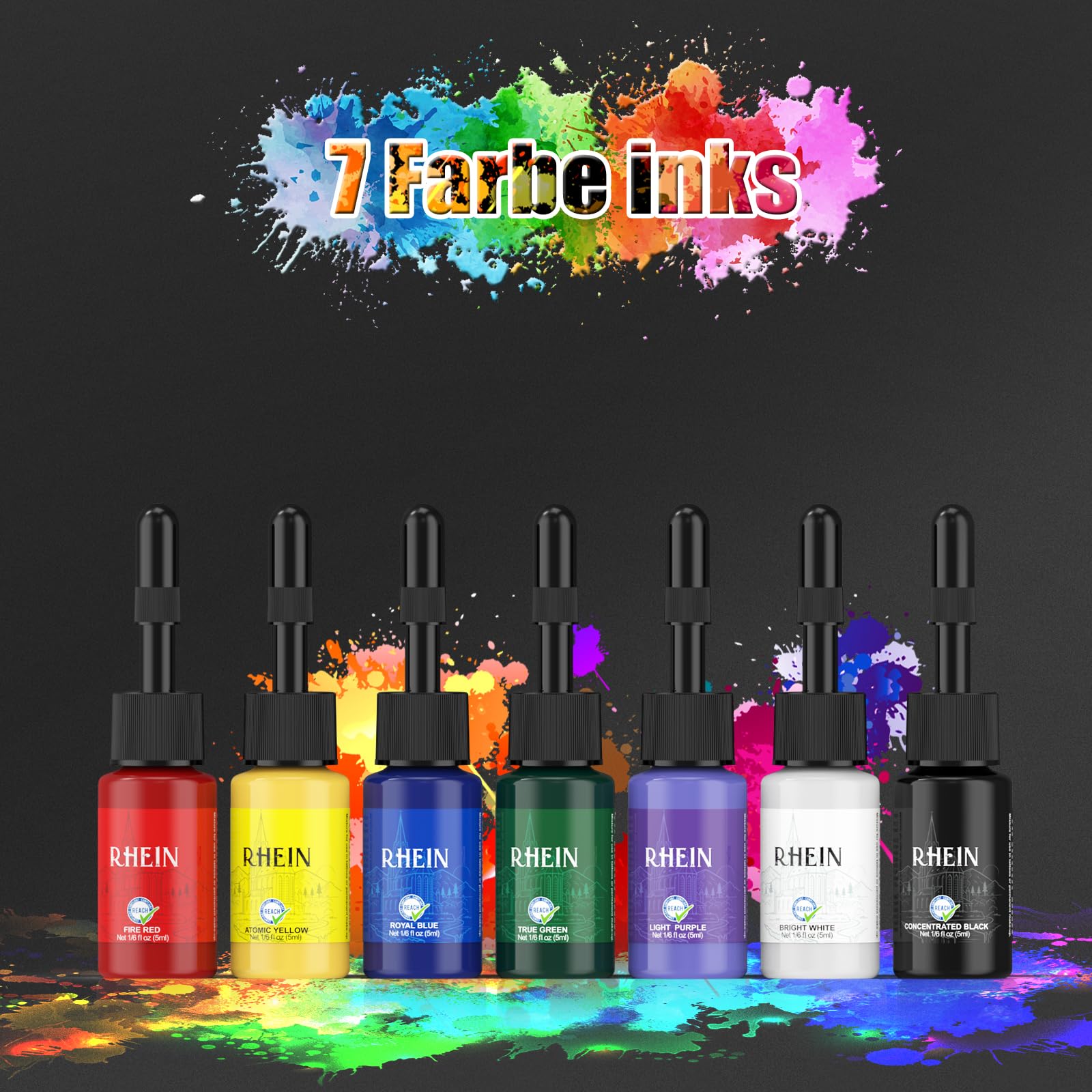 RHEIN Tattoo Maschine Set mit 1500mAh Akku und 10PCS Tattoo Cartridges Nadeln 7 Colours Tattoo-Farbe Komplettes Tattoo Zubehör RN-TK2005EU-1