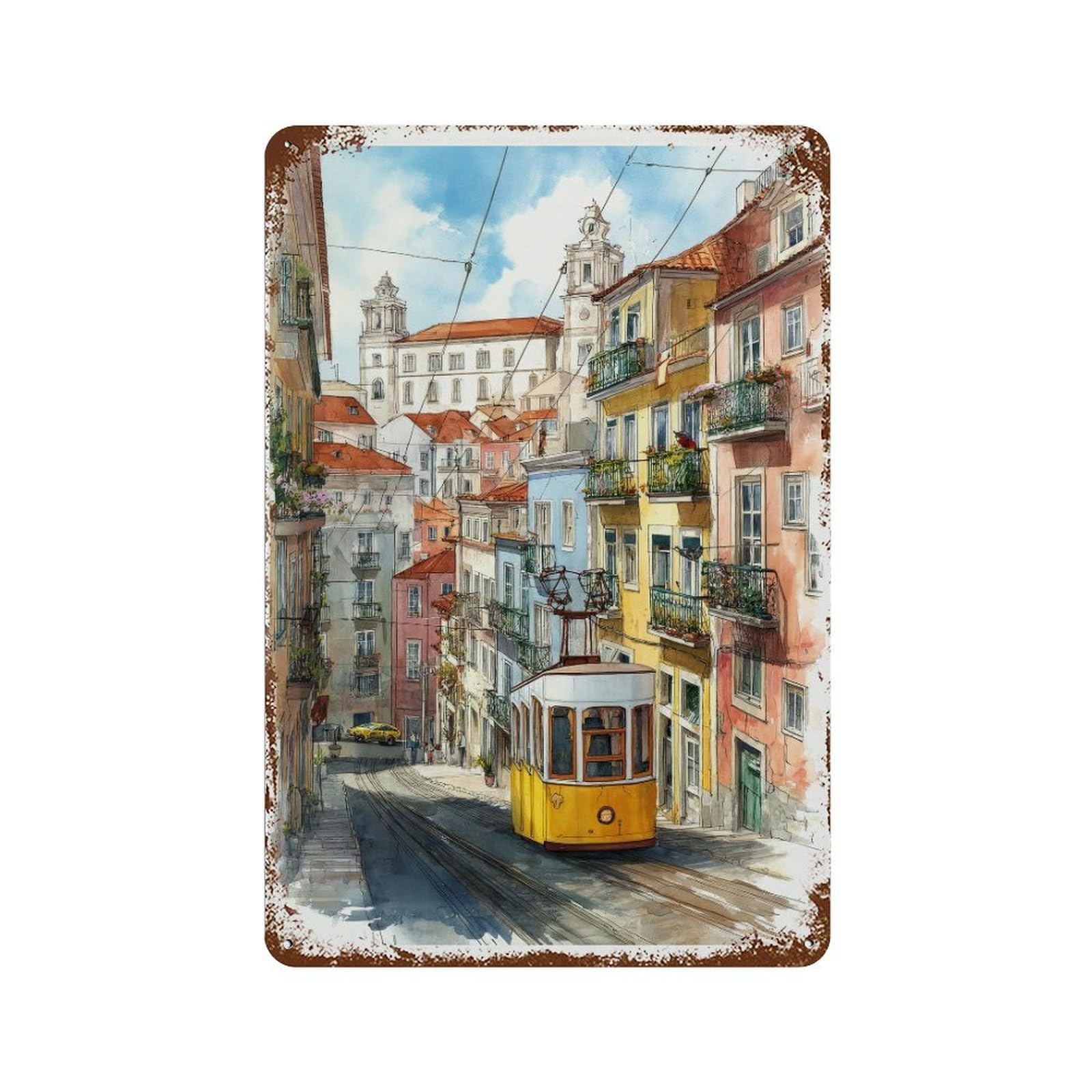 xiaoxiaoshen Lisbon Portugal Watercolor Historic Tram Travel Wall Decor Art Metal Tin Poster Modern Home Decor Art Home Bar Shop Decorations Vintage Sign 30x20cm