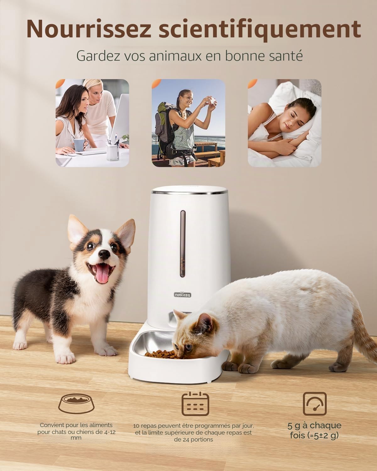 Nobleza - 4L Distributeur Croquettes Chat Automatique, 2,4G WiFi avec Contrôle par APP Distributeur Croquettes Chat Automatique, Enregistrement Vocal 10S, 1-10 Repas par Jour (Blanc)