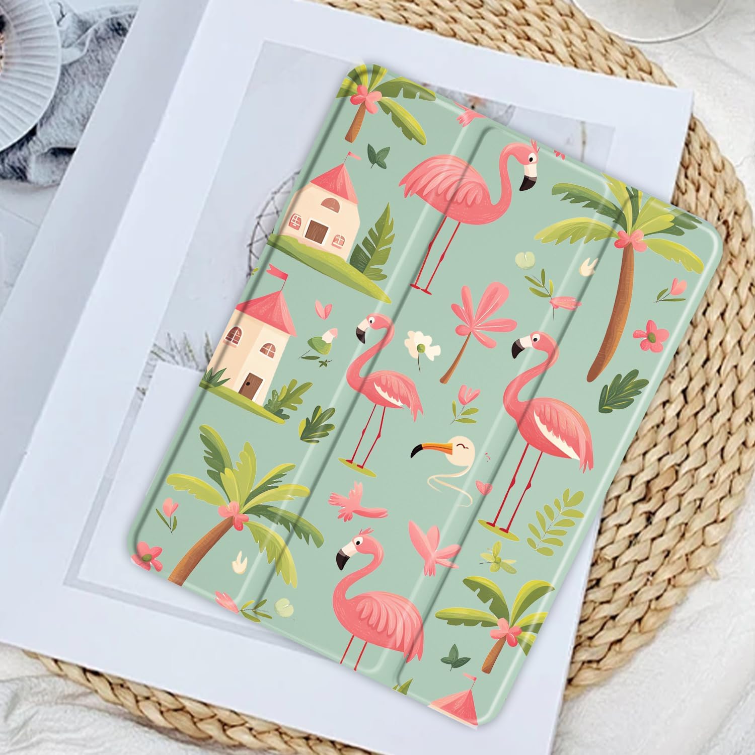 JOYLAND Forest Flamingo Case for iPad (A16) 11th Gen 2025 11-inch/10th Gen 2022 10.9 inch, Girly Clear Acrylic Hard Back Green Case with Pencil Holder Trifold Stand Tablet Cover for Women