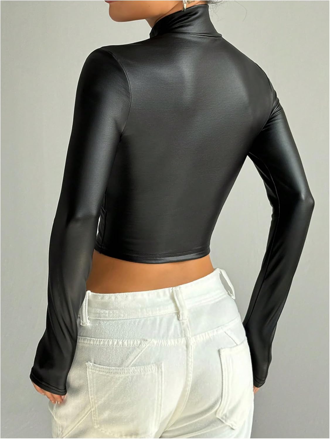 GORGLITTER Women's PU Leather Crop Bomber Jacket Y2k Zip Up Long Sleeve Fitted Tops Coat Streetwear - Image 2