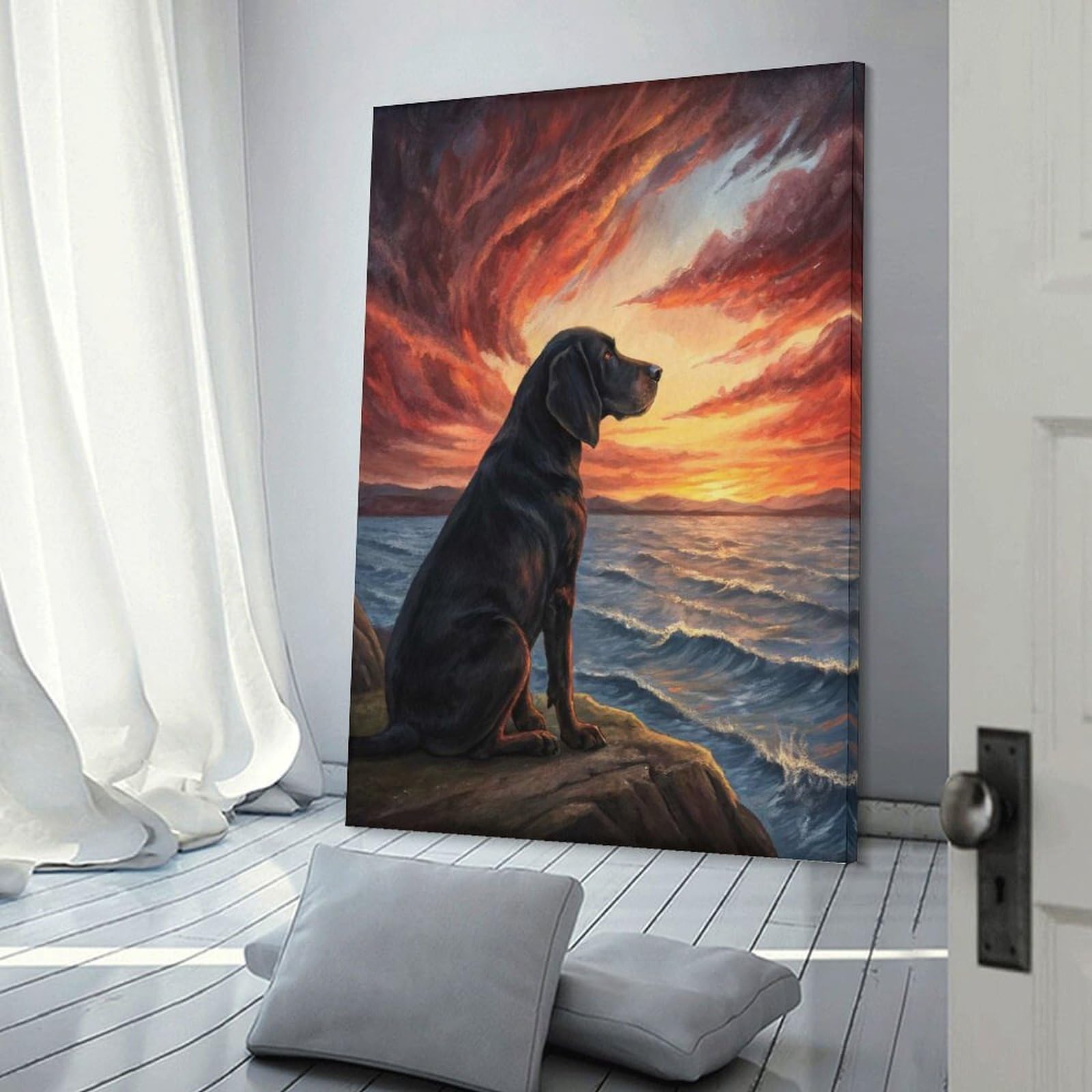 Junmoney Black Dog Watching A Dramatic Sunset Wall Picture Print, 24x36inch(60x90cm), for Feature Walls in Flats Or Modern Rooms, Decorative Artwork with Flexible Styling