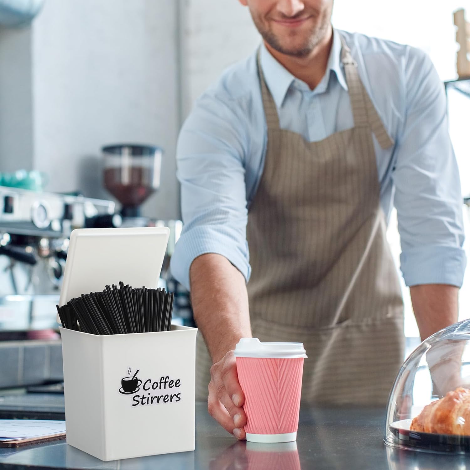 1000 Pcs Black Large Coffee Stirrers and Holder, 5.1 Coffee Straws Plastic Stir Sticks Container with Lid and Sticker Disposable Swizzle Stick for Mixing Milk Cocktail Tea Accessories - Image 6