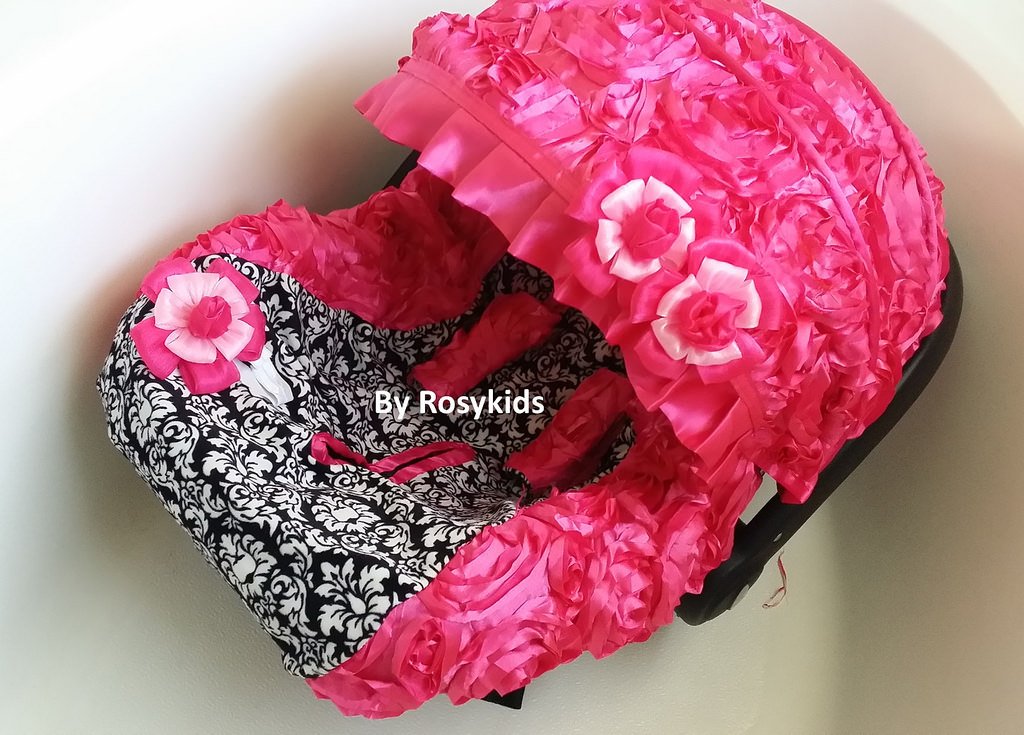 Rosy Kids Infant Carseat Canopy Cover 4pc Whole Caboodle, Baby Car Seat Cover Baby Blanket Outdoor Travelling Kit, 3D Rosette Fabric Hot Pink Damask Print