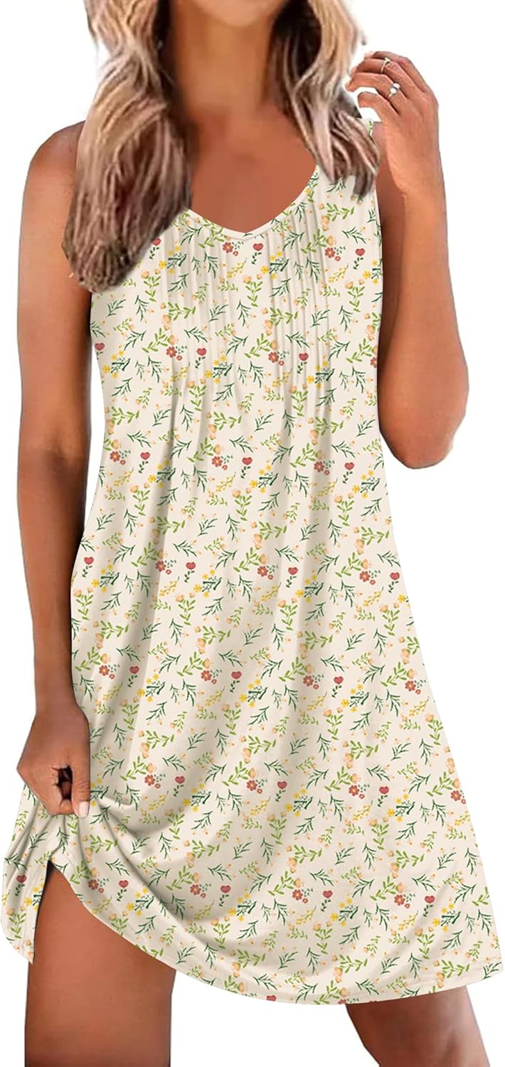 Ekouaer Nightgowns for Women Sleeveless Sleep Shirt Tank Night Gown V Neck Chemise Pleated Night Shirt Soft Sleep Dress