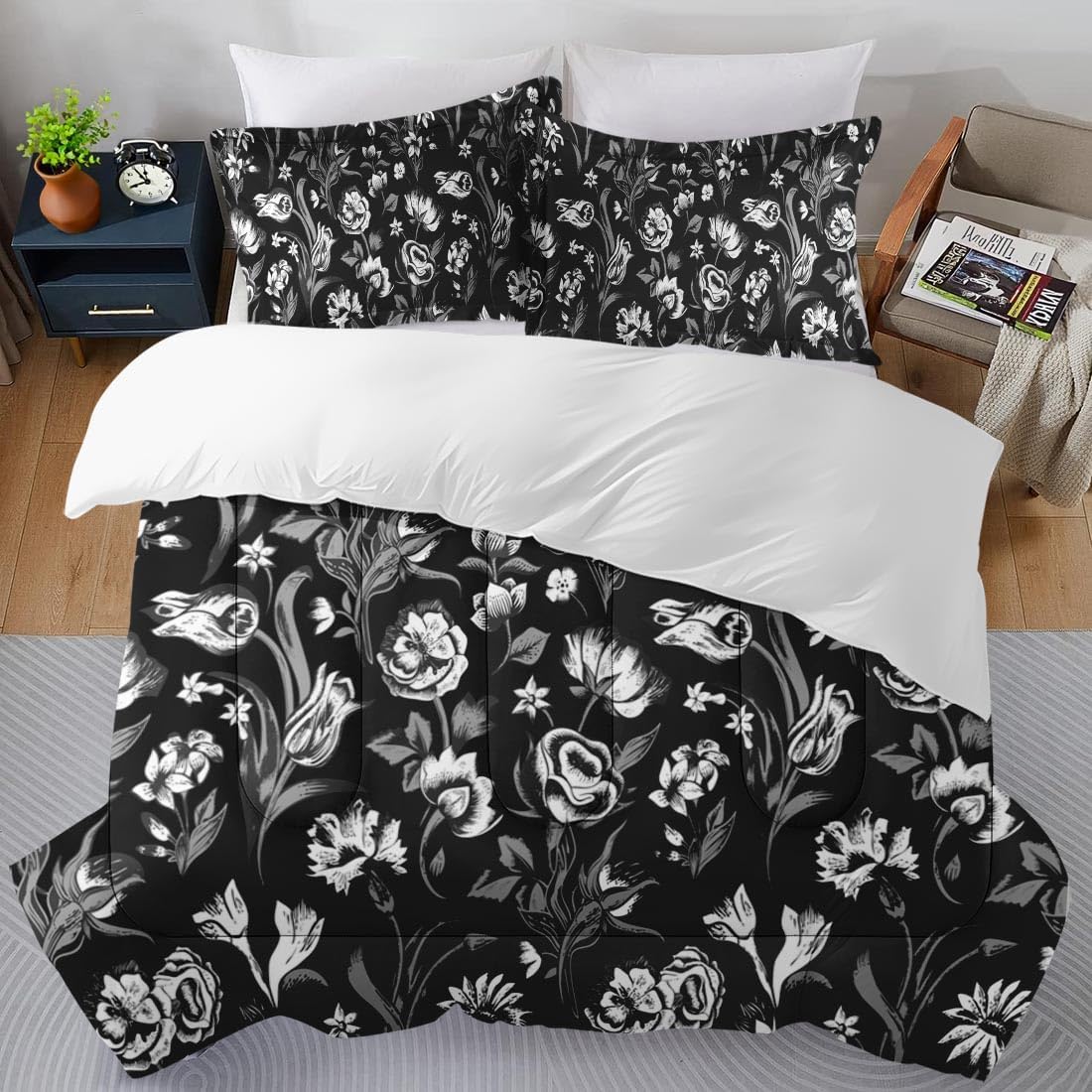 Lomlart Comforter Set King Size, Vintage Floral Flower Rose