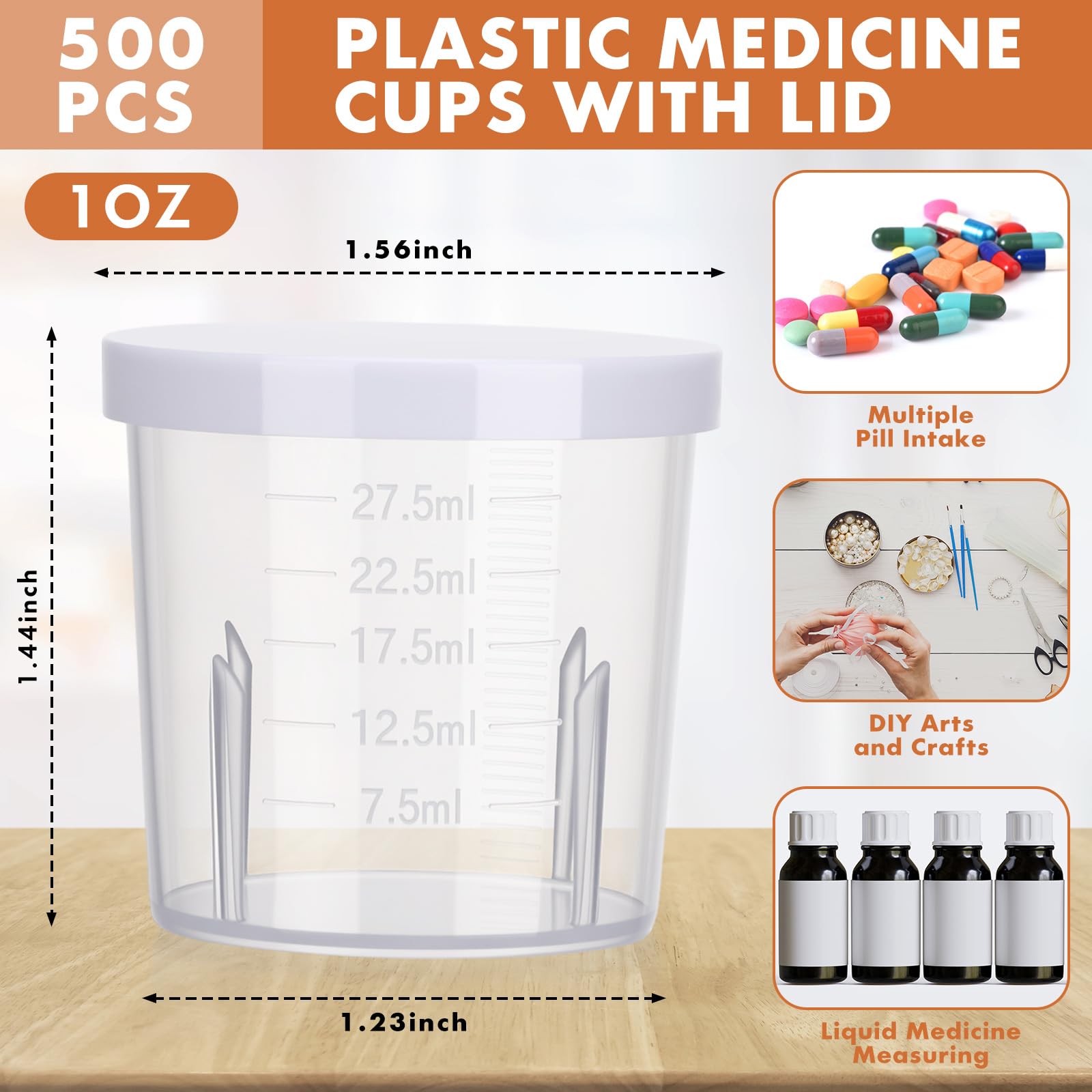 Vasos de plástico para medicina con tapa, 30 ml, transparente, medición, recipiente graduado para fines médicos o mezcla y medición de resina epoxi, manualidades y manualidades (30 ml, 500