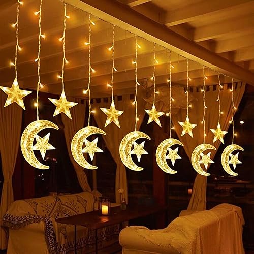 Miniatura 6 de Janchs Solar String Lights Outdoor Ramadan Decorations 8 Modes Waterproof 138LED Solar Powered Star Moon Curtain Lights Window Fairy Lights for