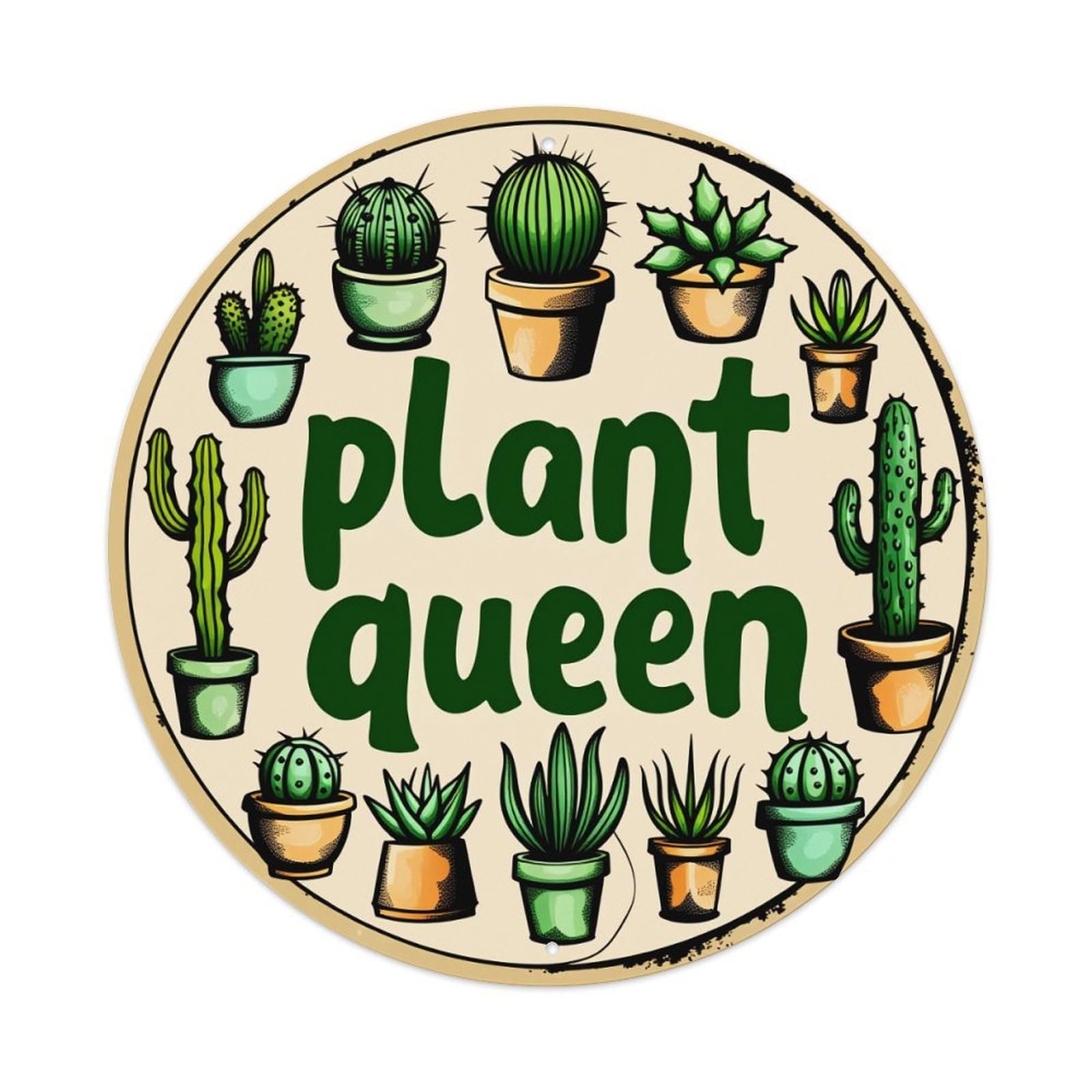 Plant Queen Cactus Pattern Print Round Tin Sign Vintage Metal Poster Retro Bar, Home, Man Cave, Kitchen, Laundry Room Wall Art Decor Gift 8x8Inch