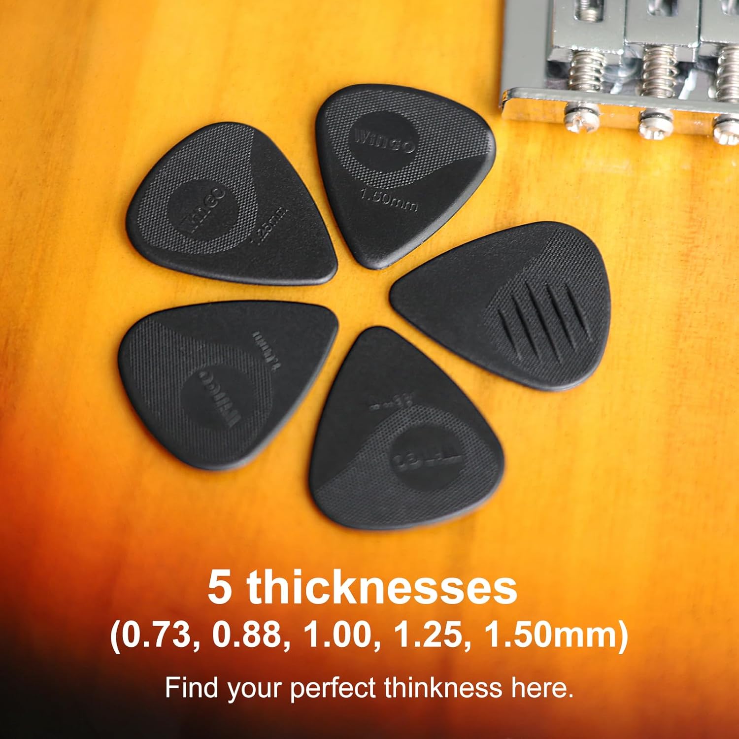 WINGO Guitar Picks with Grip Stamped, Non Slip Textured Picks 5 Pack (073, 088, 1.0, 1.25, 1.5mm) for Acoustic Electric Guitars Bass- Black Color. thumbnail