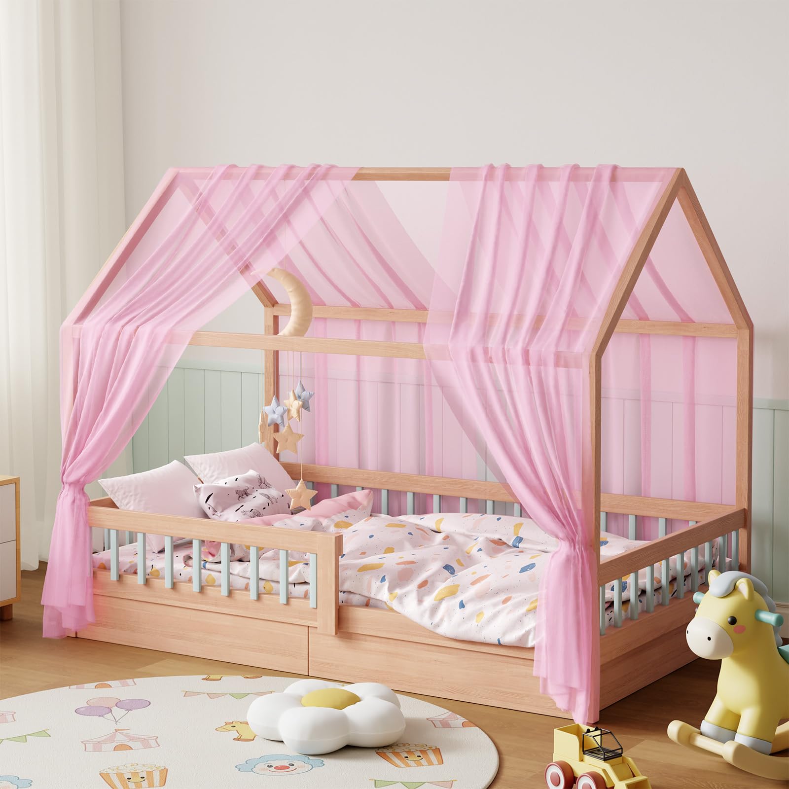 Ciel de lit cabane 2 pièces - Voilage en Forme de Tente 150x350 cm, Décoration Chambre Enfant Fille ou garçon (Rose)