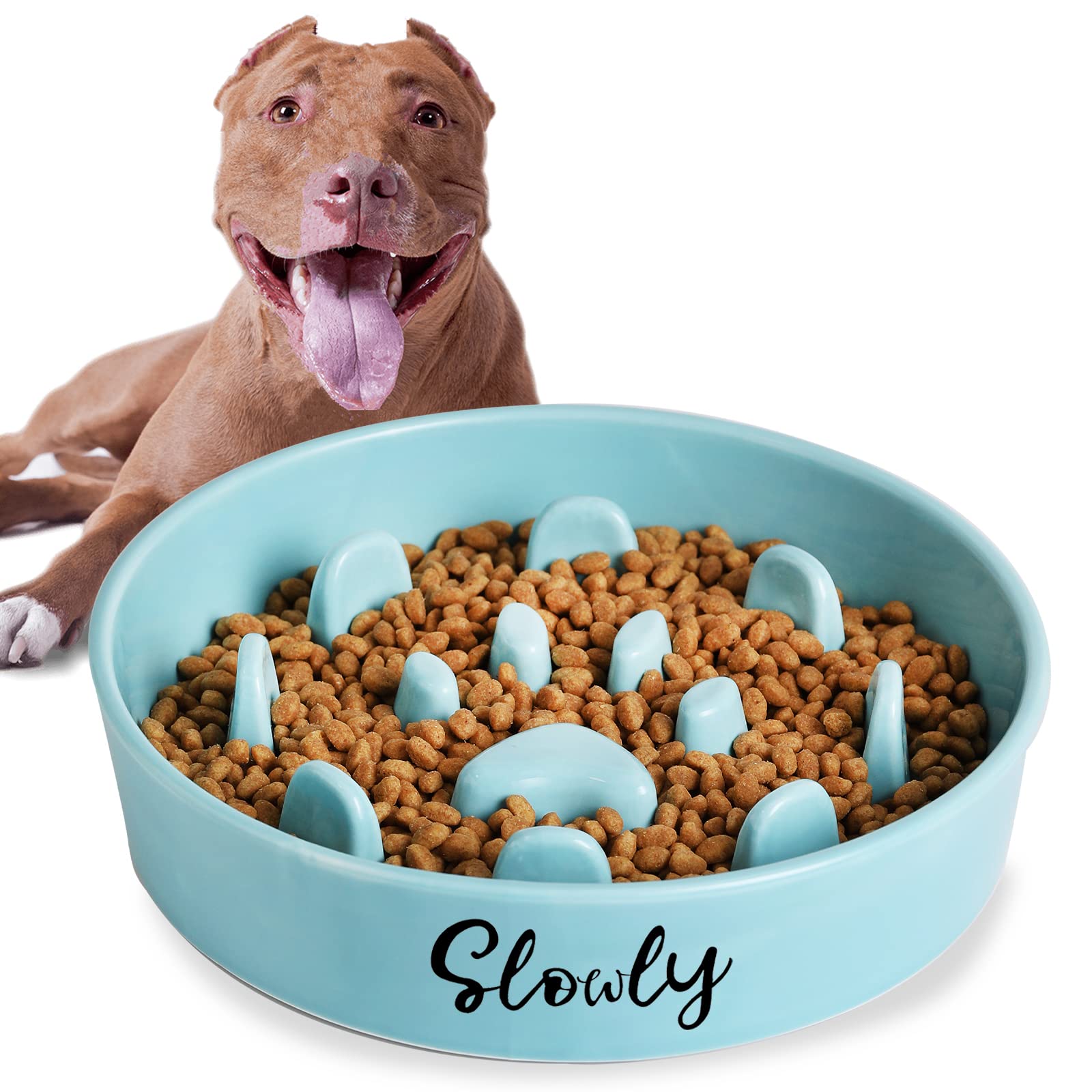 Slow Feeder Dog Bowls, Farmhouse Ceramic Fun Slow Eater Bowl for Perfect for Medium Sized Dogs Turquoise