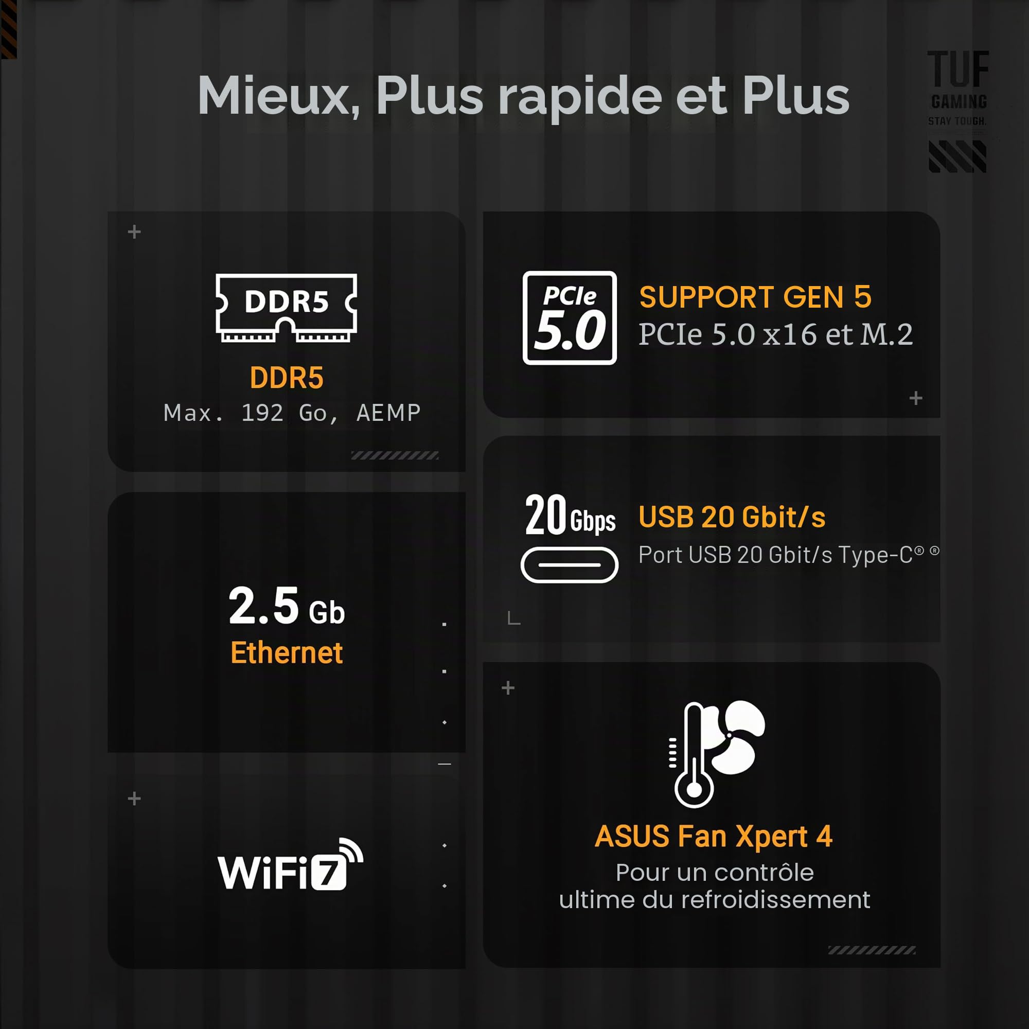 ASUS TUF Gaming B850-PLUS Carte mère AMD AM5 B850 ATX, 14+2+1 étapes 80A, compatible IA, DDR5, PCIe 5.0, 3X M.2, Wi-Fi 7, LAN 2,5 Go, DisplayPort, HDMI, USB 10 Gbit/s et 20 Gbps Type-C, BIOS Flashback
