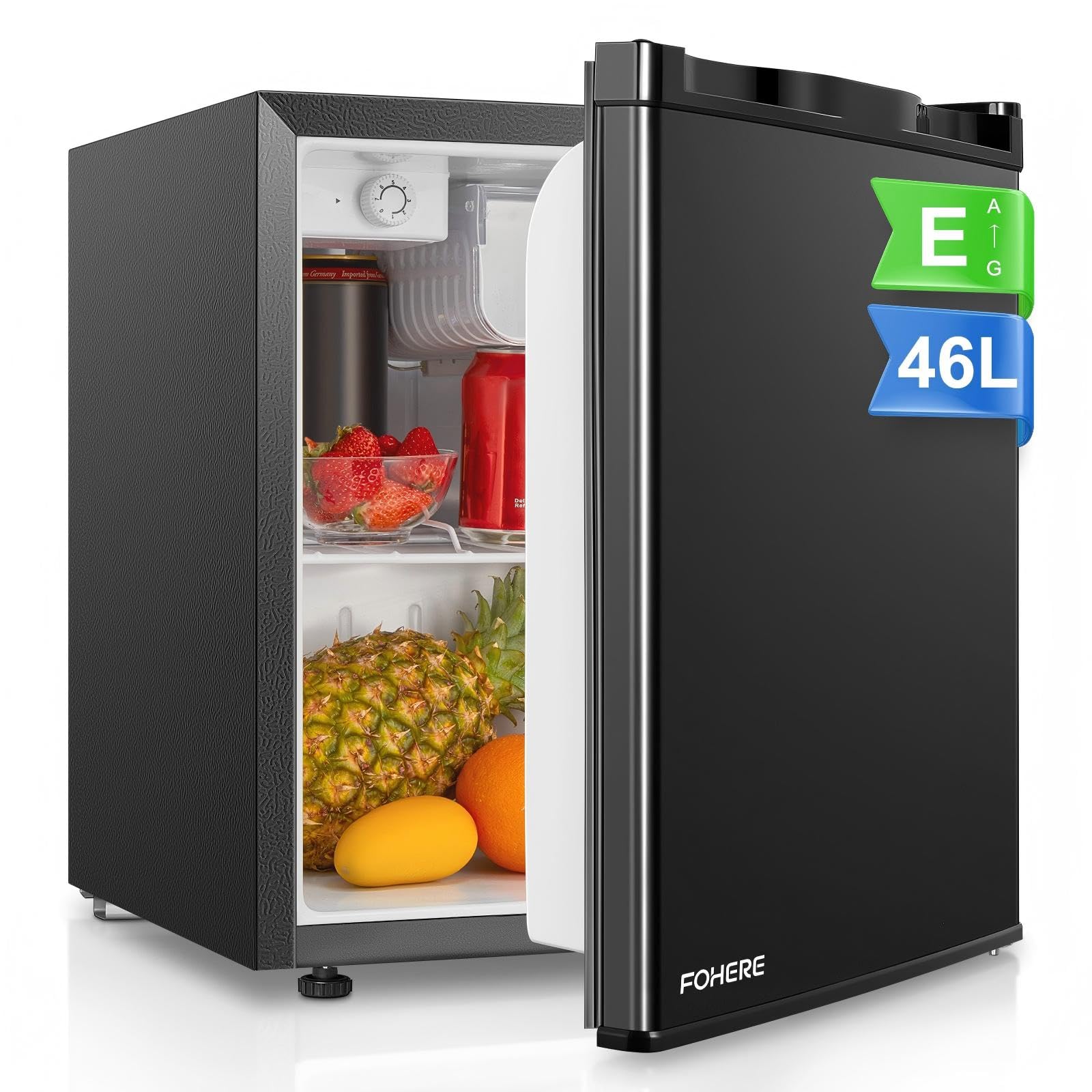 FOHERE Frigorifero Piccolo 46Litri, Mini Frigo Tavolo Monoporta, Termostato Regolabile, Silenzioso, Porta Reversibile, Adatto a casa, Appartamenti, ufficio e hotel, Nero