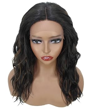 LUXLUXE Riley 20-inch Wavy 5 Freedom Parting Swiss Lace Front Wig with Baby Hair, Heat Resistant Synthetic Fiber Hair, BL-0162 (Black with Caramel Highlights)