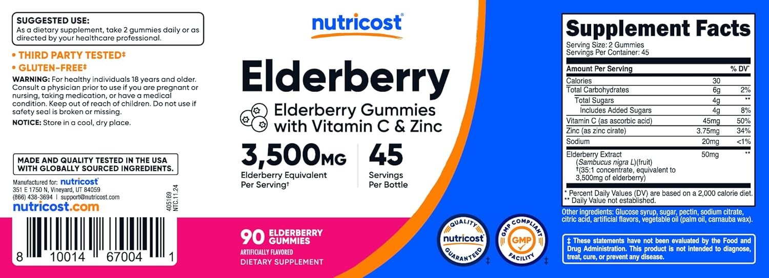 Nutricost Elderberry Gummies 3,500mg Equivalent from 50mg of 35:1 Extract Per Serving, 90 Gummies for 45 Servings Per Bottle - with 45mg of Vitamin C & 3.75mg of Zinc, Gluten Free - Image 7