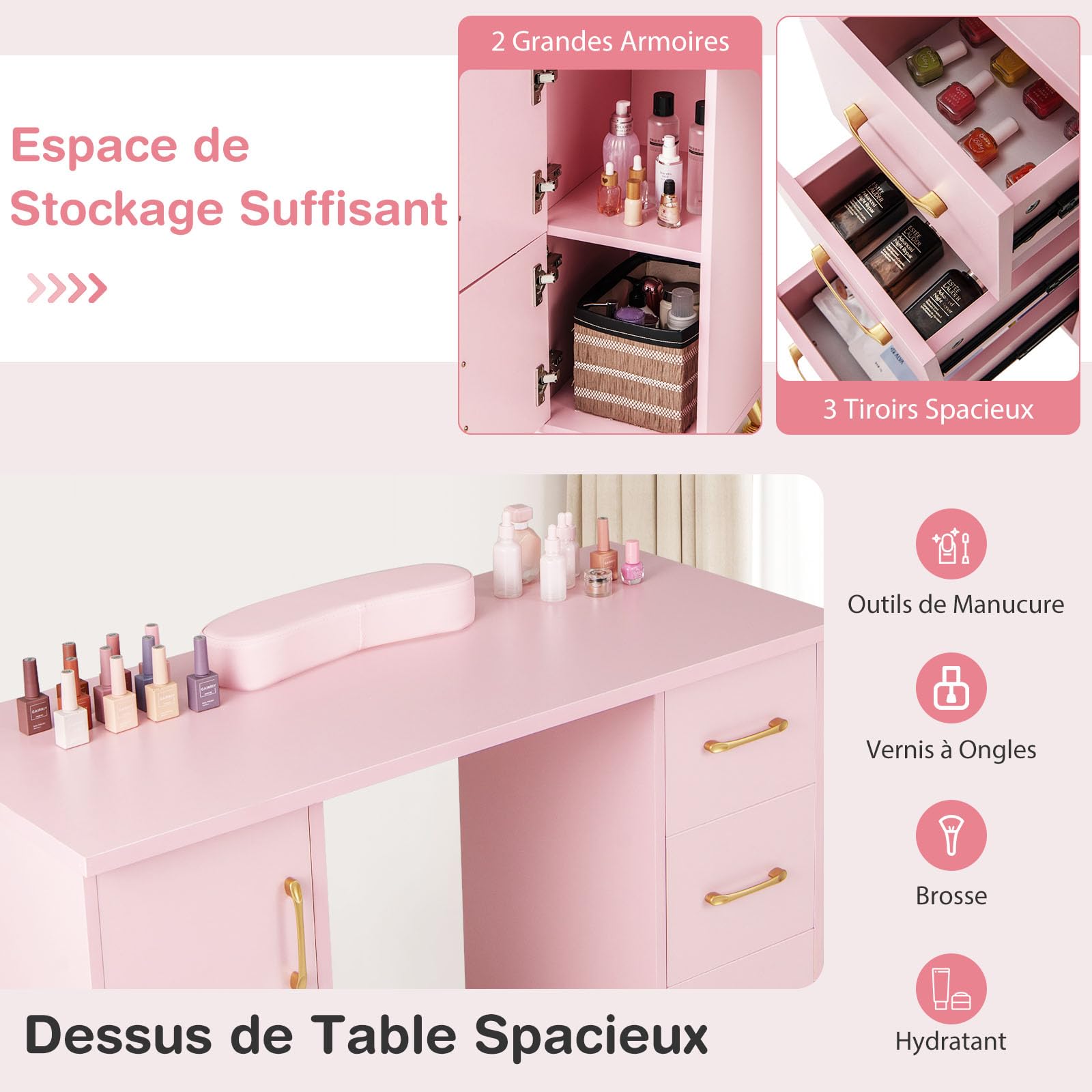 GOPLUS Table Manucure Professionnelle, 2 en 1 Bureau et Table Ongulaire, avec Repose-Poignet, 8 Pieds en Métal, 3 Tiroirs, 2 Armoires, Station de Travail en Bois, pour Salon de Beauté (Rose)