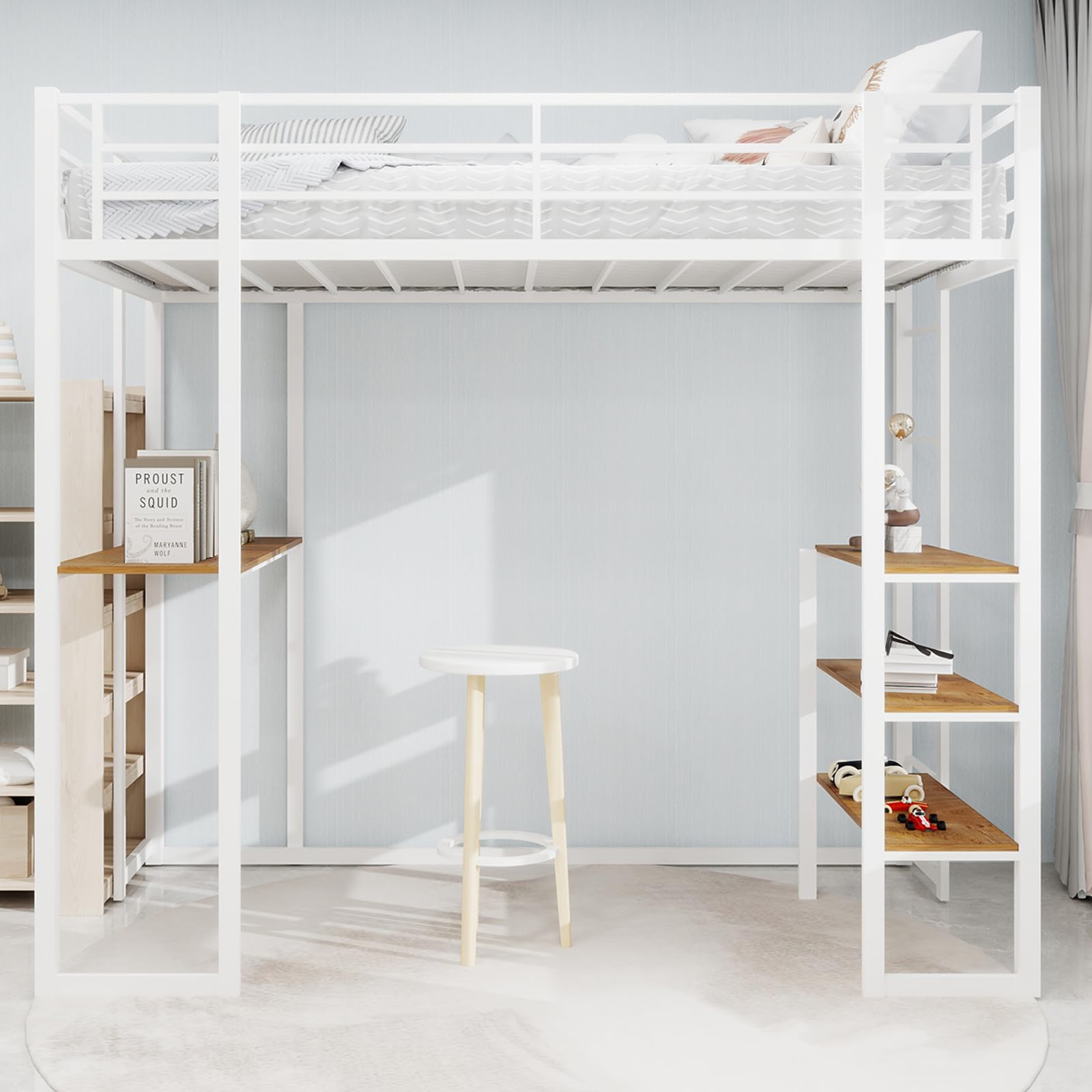 Iron Frame Bed with Bed and Table, Children's and Youth Home Bed with L-Shaped Desk, Iron Frame Bed with Railing and Stairs, with Stairs on Both Sides can be Placed Anywhere