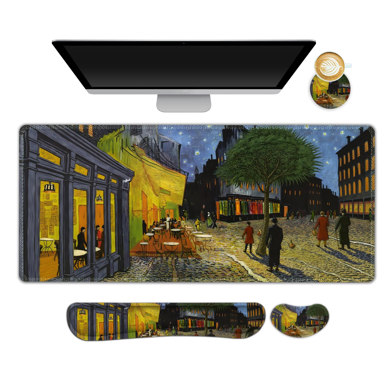 NXZGO Large Gaming Mouse Pad Set, 4 in 1 Ergonomics Keyboard Desk Mat Memory Foam Wrist Rest, Computer PC Extended Game Mousepad, Non-Slip Desk Matt Easy Typing Pain Relief I Terrace of The Cafe — image 1