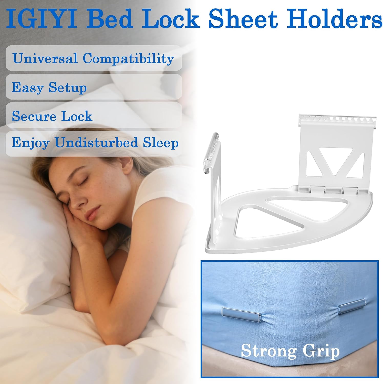 Bed Sheet Holders for Corners, 4 Pcs Lock Fitted Sheet Holder Fastener & Bed Sheet Grippers, White Non-Slip Heavy Duty Clips to Keep Sheets Tight, Fits All Mattress Easy Installation