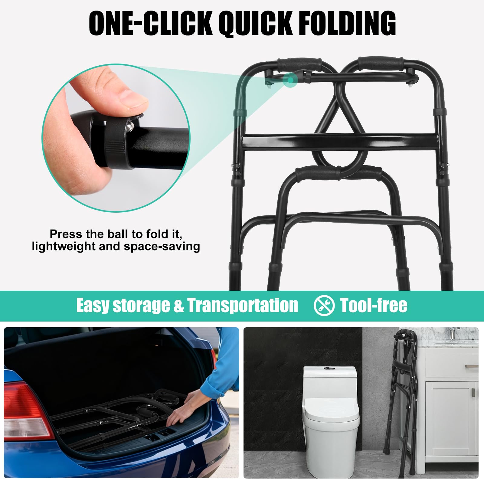 Marco de pasamanos escalonado negro con ruedas, marco plegable de aluminio para personas mayores, andador plegable de altura ajustable para personas mayores, marco ligero Zimmer, 2 ruedas con