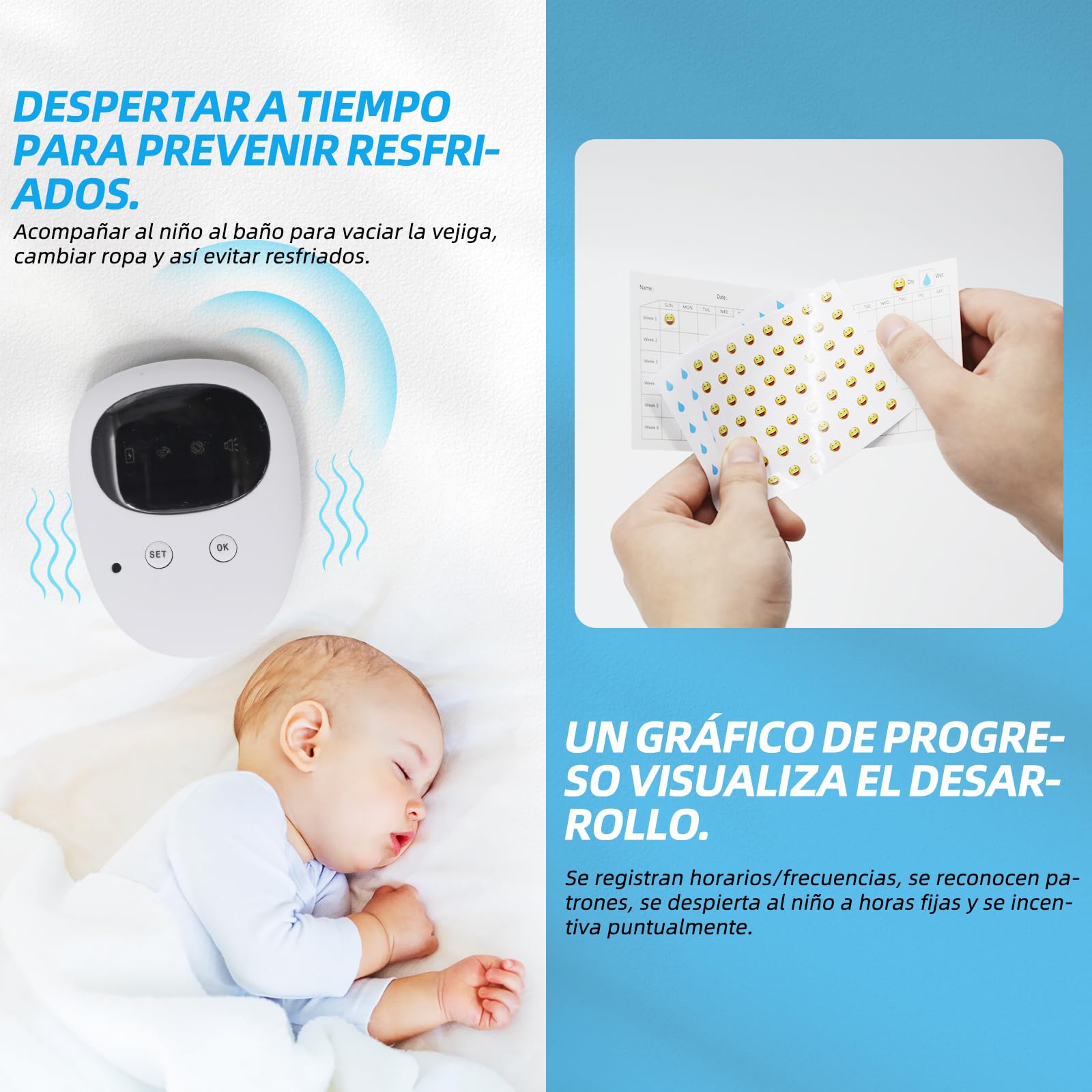 Alarma inalámbrica para enuresis, recargable por USB-C, alarma fuerte, vibración potente, alarma para enuresis, entrenamiento para ir al baño para niños (blanco)