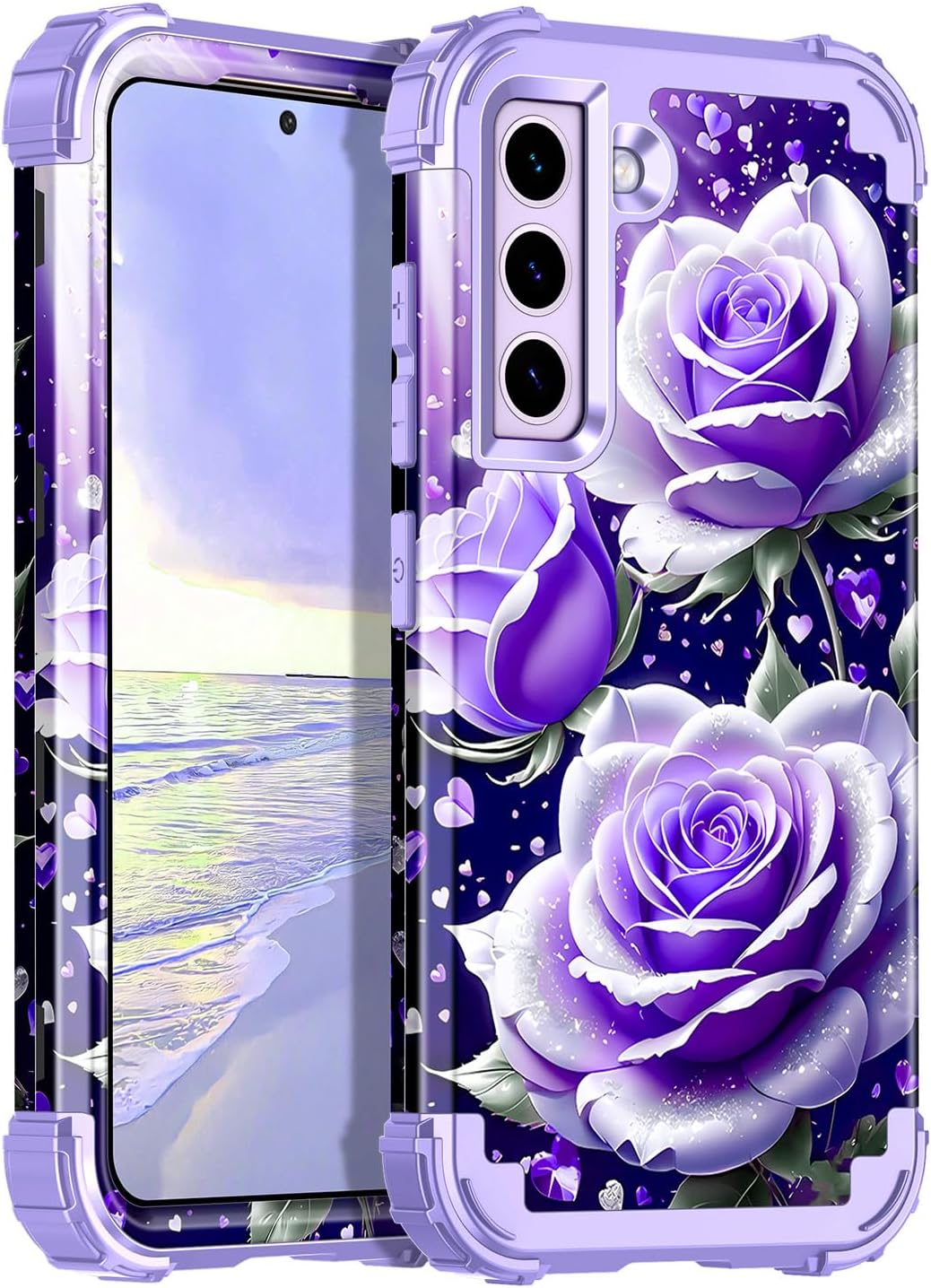 Casetego Compatible with Galaxy S22 5G Case,Floral Three Layer Heavy Duty Sturdy Shockproof Full Body Protective Cover Case for Samsung Galaxy S22 5G,Purple Rose Flower Casetego Compatible with Galaxy S22 5G Case,Floral Three Layer Heavy Duty Sturdy Shockproof Full Body Protective Cover Case for Samsung Galaxy S22 5G,Purple Rose Flower