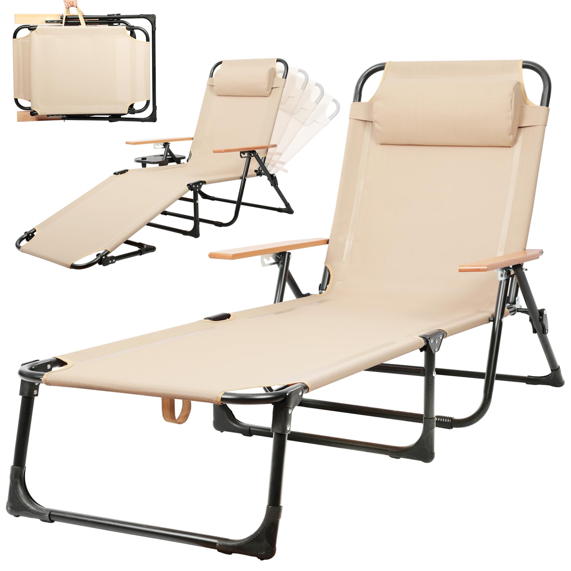 T-ZBDZ Folding Sun Loungers for Garden, Sunlounger Chair with Arm Rests, 4-Adjustable Outdoor Reclining Sun Lounger, Sun Bed Lounger with Cup Holder for Beach Patio Pool, Beige