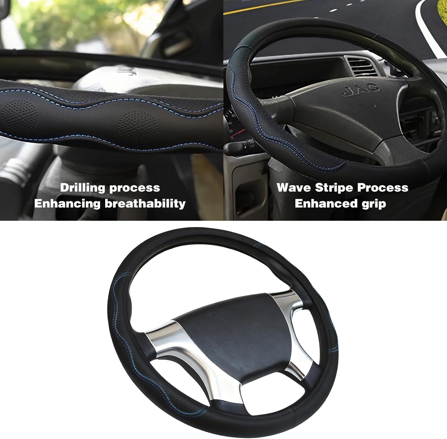 18-Inch Black Leather Truck Steering Wheel Cover - Anti-Slip Grip & Breathable XL Design for Semi Trucks, RVs, Big Rigs, and 18 Wheelers (Fits 17.5-18 inches) (Blue Stitching) - Image 2