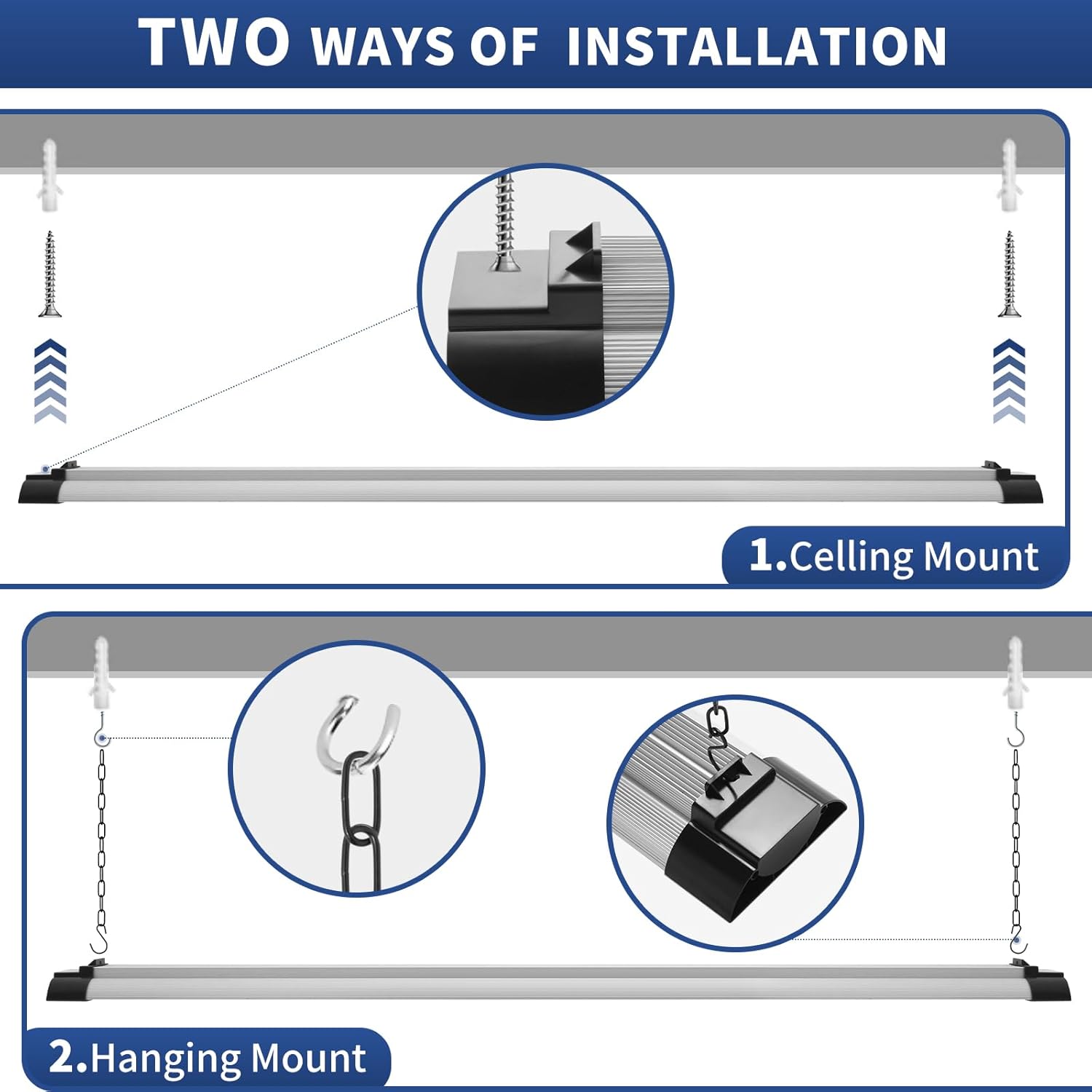 4FT LED Shop Light, 10000 Lumens 84W, Aluminum Shop Light Fixture, 5000K Cool White, Pull Chain, Plug-in Cord, Hanging or Flush Mount, ETL Listed for Garage Workshop Basement Warehouse Black