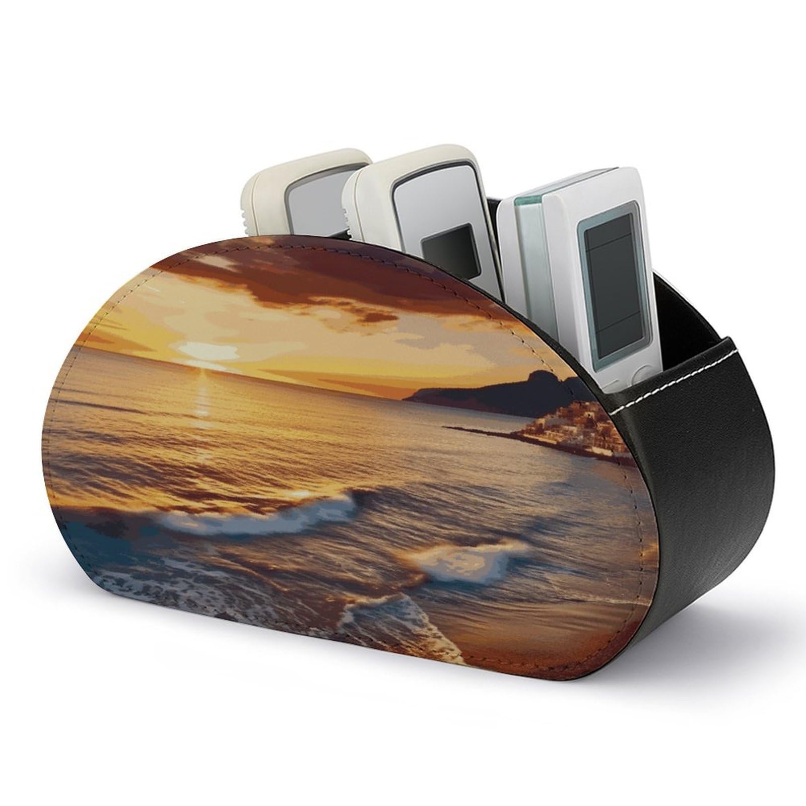 FekiLoot Seaside Sunset Remote Control Holder, PU Leather Remote Control Organizer Box Stationery Remote Control Box Desk Storage Organizer for DVDs,Glasses,Pens,Media Players