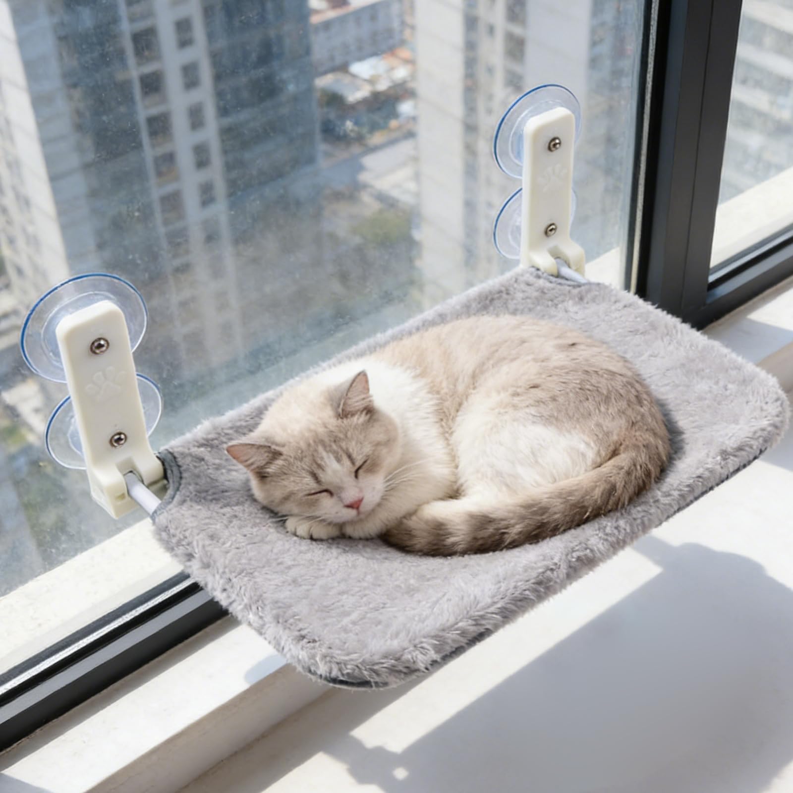 GOMETY Hamaca Para Ventana Para Gatos, Cama Suave De Forro Polar, 52 X 30 Cm, Plegable, Con Fuertes Ventosas, Soporta Hasta 18 Kg, Gris