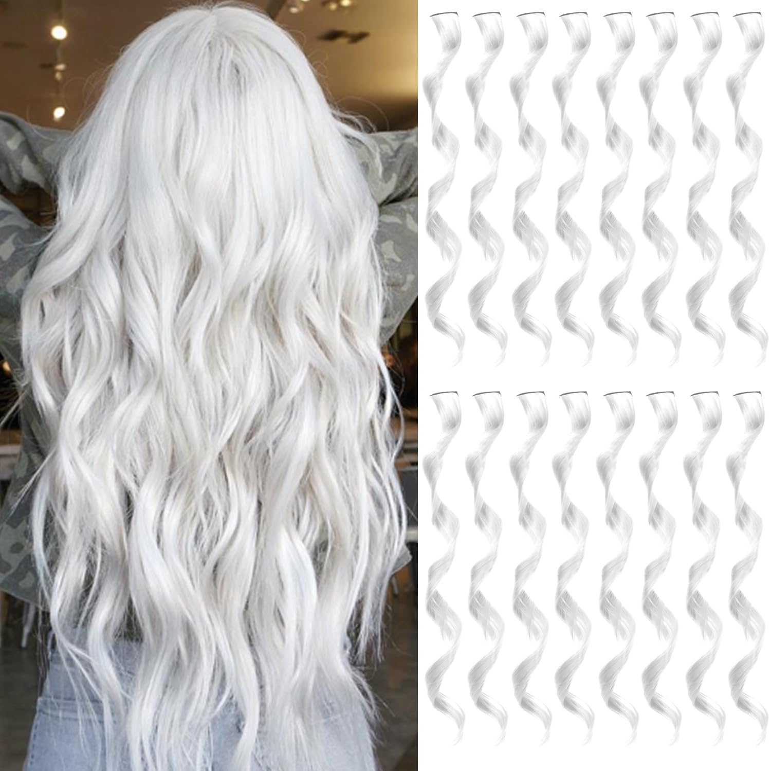 16 extensiones de cabello sintético rizado y ondulado con clip, para niñas, mujeres y niños, multicolor, para fiestas, cosplay, festival, regalo (blanco)