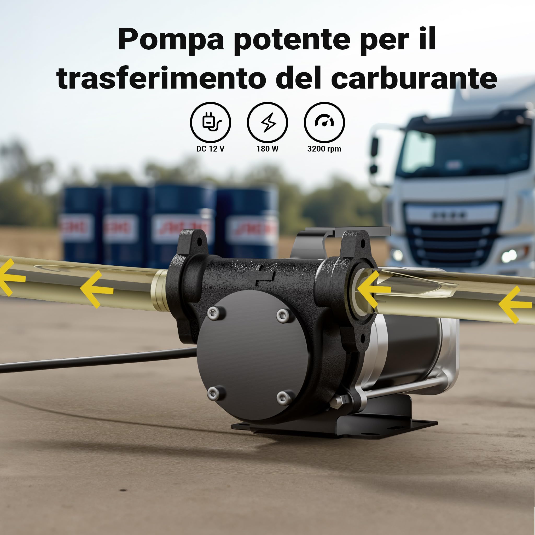 Wiltec Pompa travaso carburante 12 V 180 W, Pompa travaso gasolio/benzina, 57 l/min, 3200 giri/min
